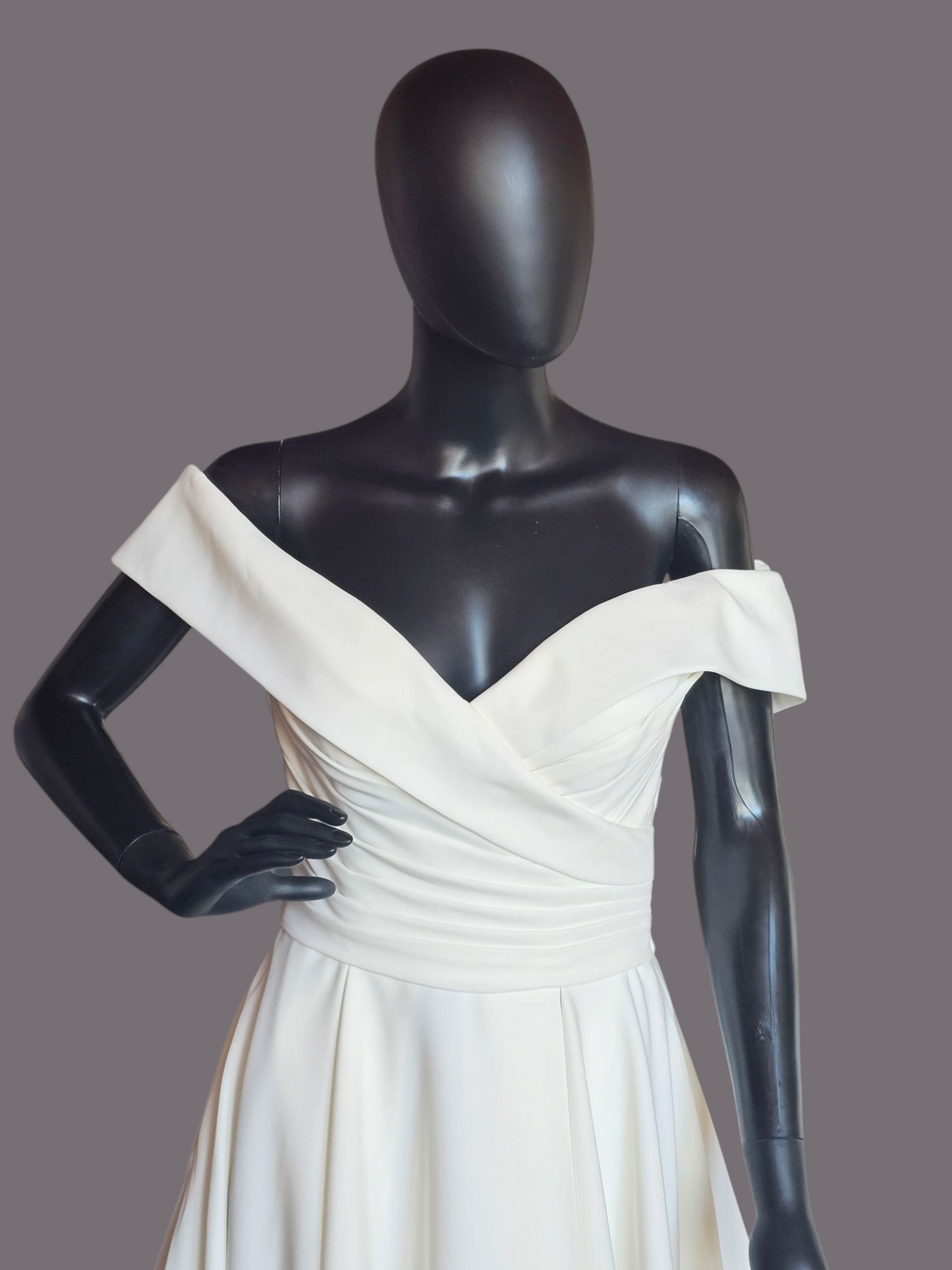 Off Shoulder/Portrait Collar Simple Ivory Crepe Wedding Gown - Mori Lee