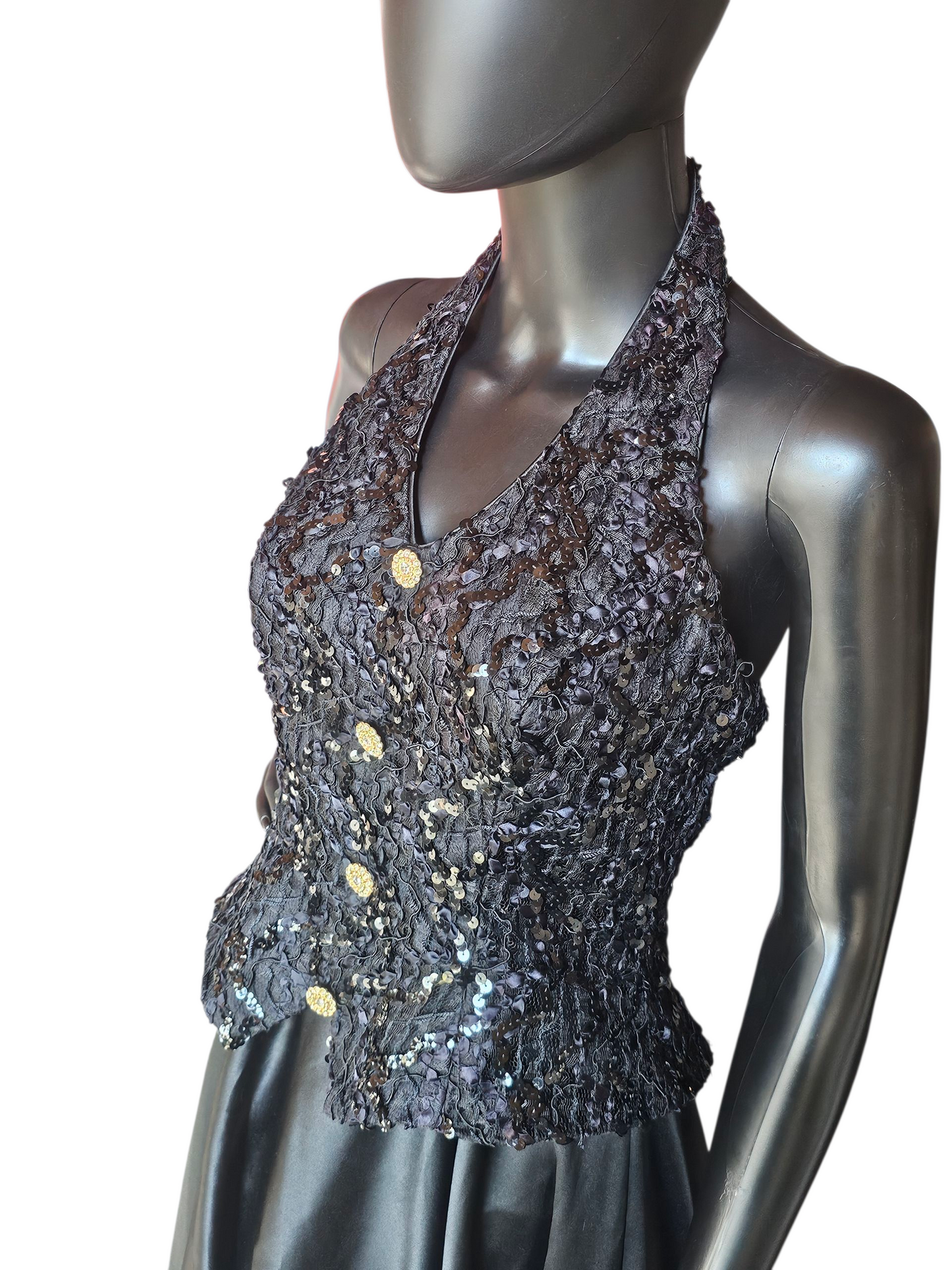 Vintage Black Lace/Satin Halter Formal Dress - Bari Jay