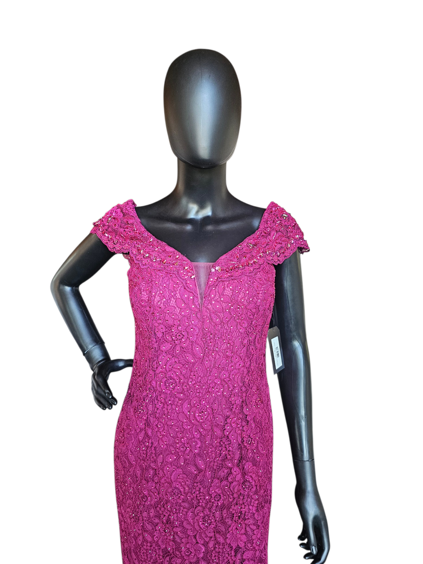 Magenta Rhinestone Lace Cap Sleeve Fit/Flare Portrait Formal/Moms Dress - Jovani