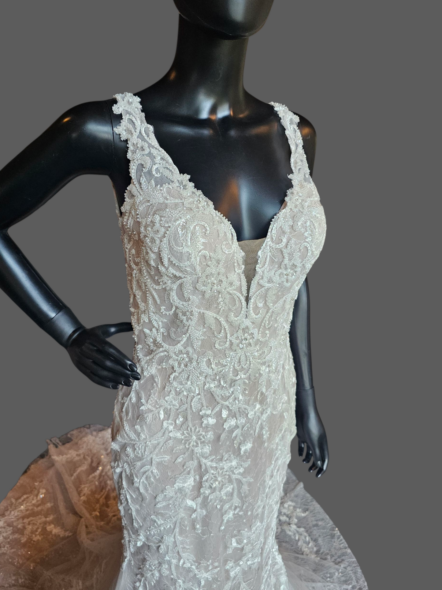 Ivory/Latte Beaded Lace Illusion Back Plunge Fit and Flare Wedding Gown - Da Vinci