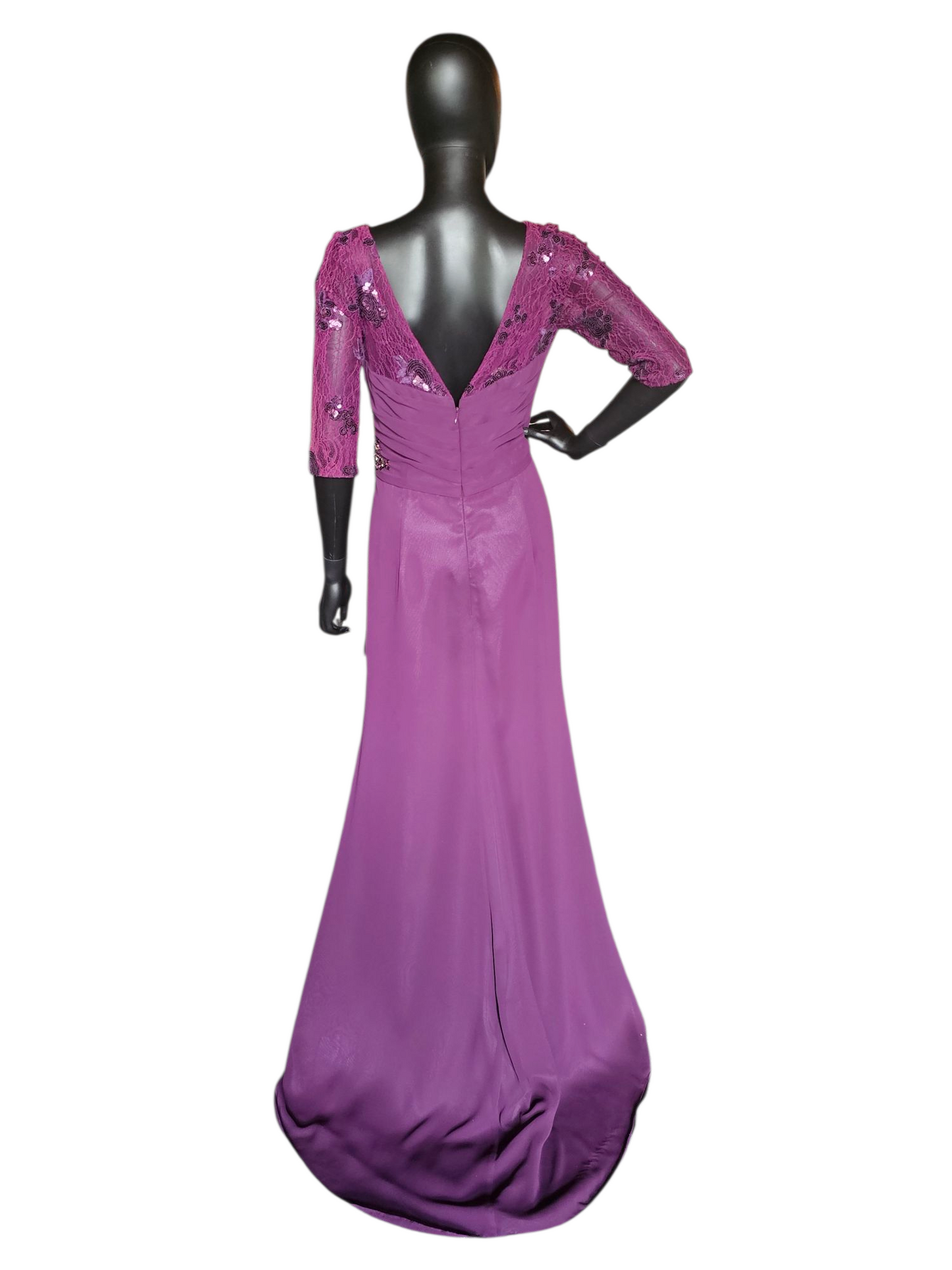 Plum Lace Sleeve Illusion Side Ruched Formal Gown - MGNY