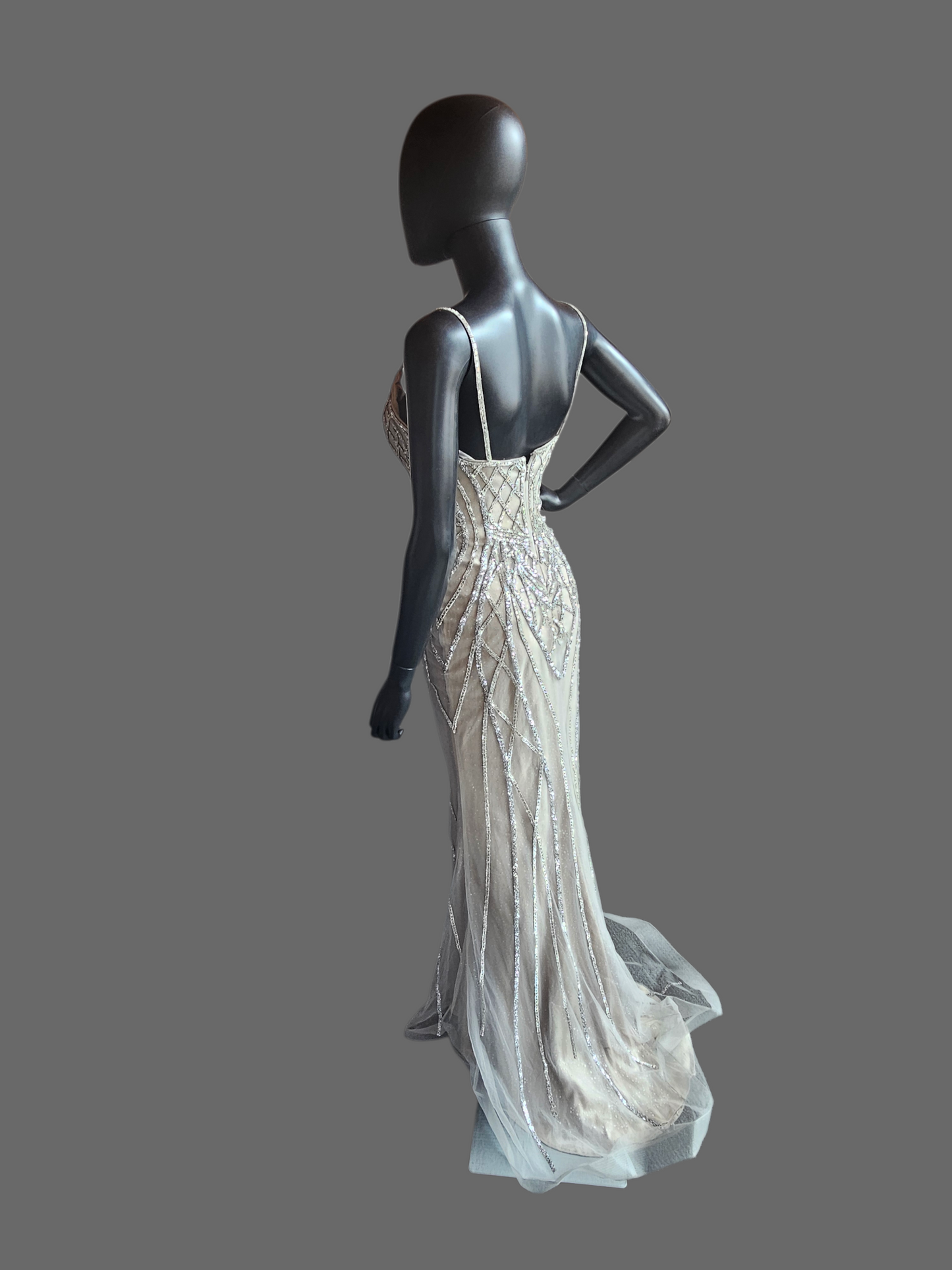 Nude Plunge Crystal Fitted Formal/Gala Dress - GB Social