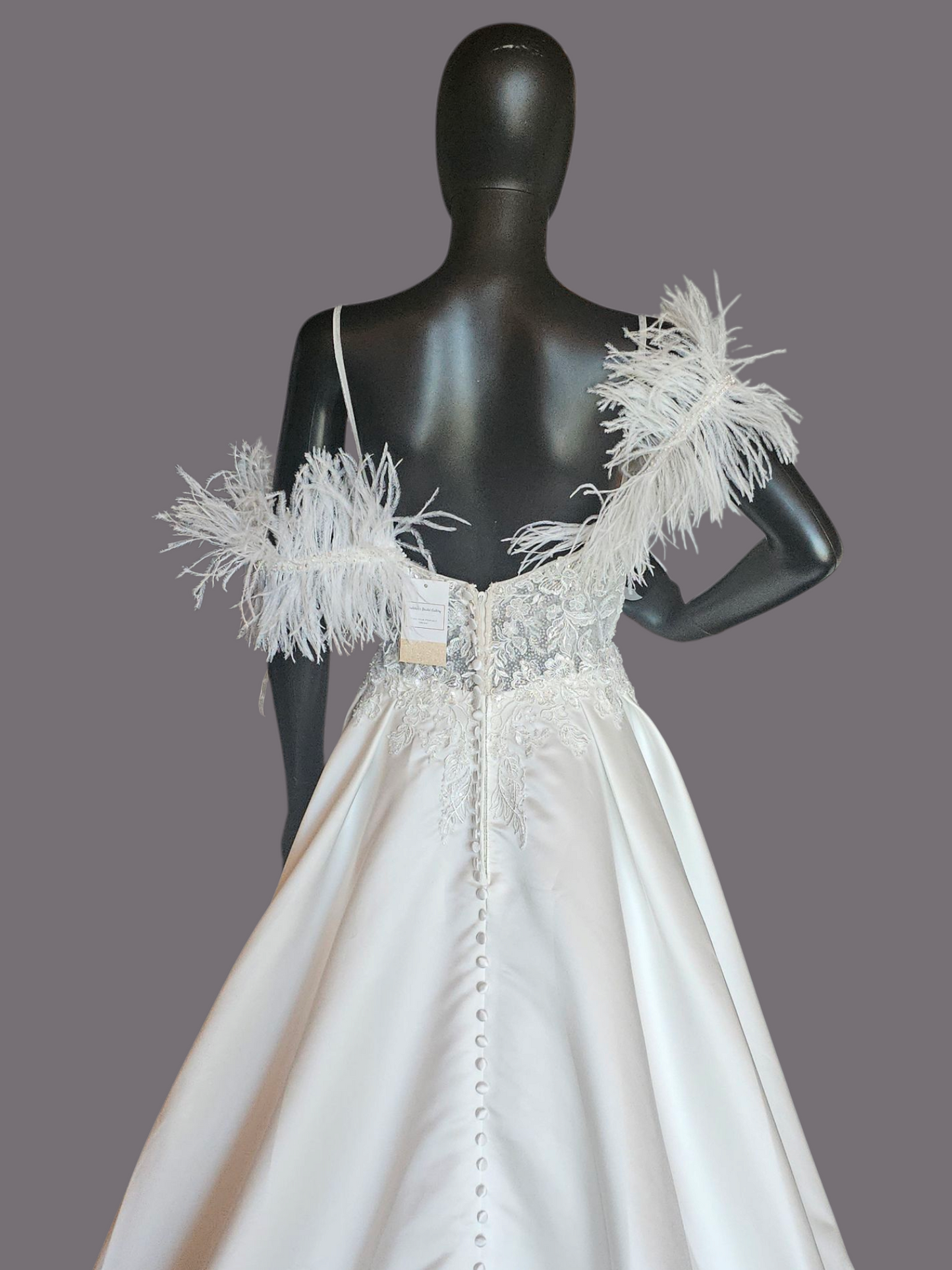 Ivory Satin Plunge Illusion Bodice Removable Feather Straps Wedding Gown - Amy & Eve