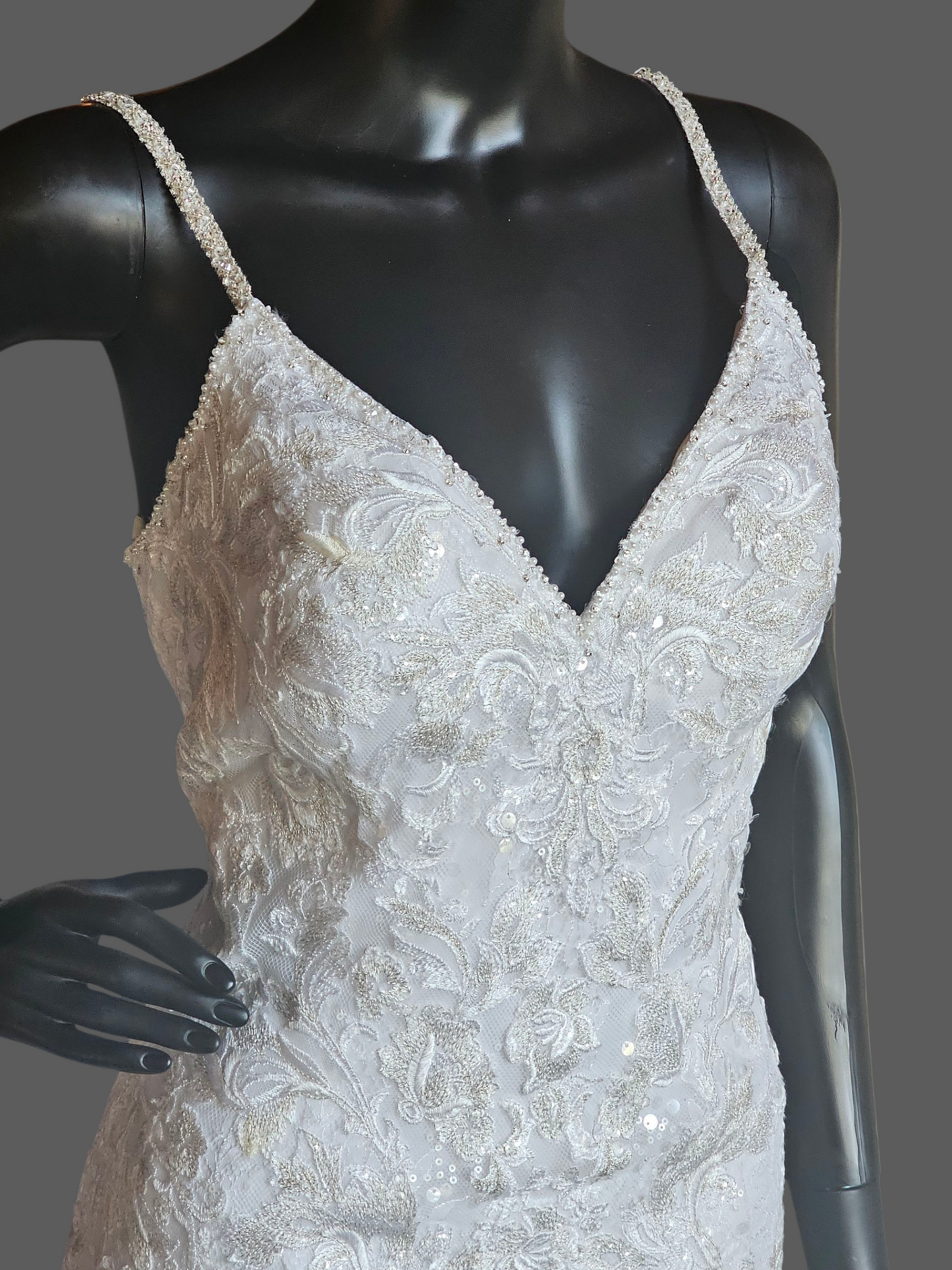 White Lace Metallic Embroidered Fit/Flare Wedding Gown - Mori Lee