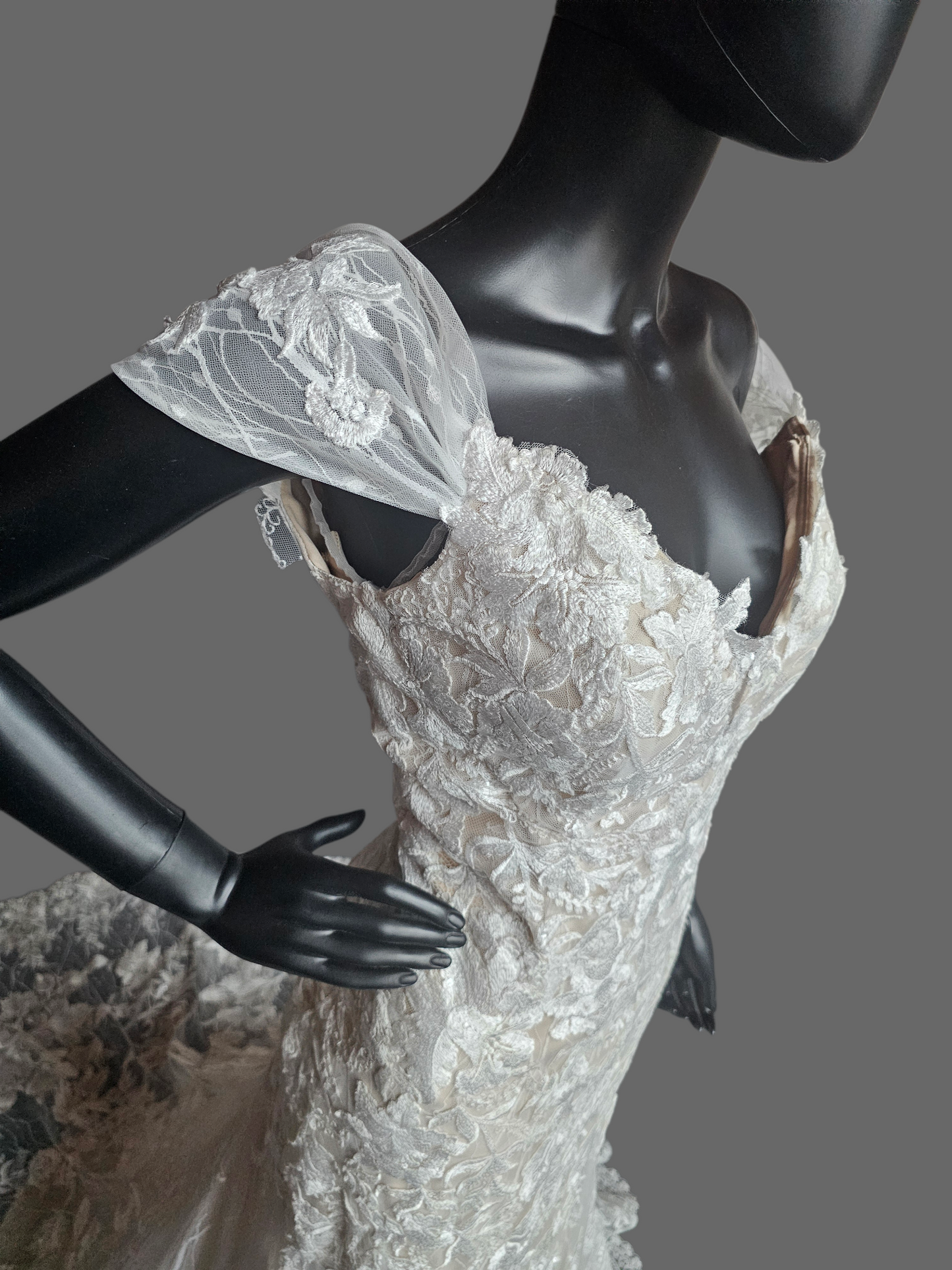 Ivory/Honey Layered Lace Fitted Off Shoulder Wedding Gown - Martin Thornburg