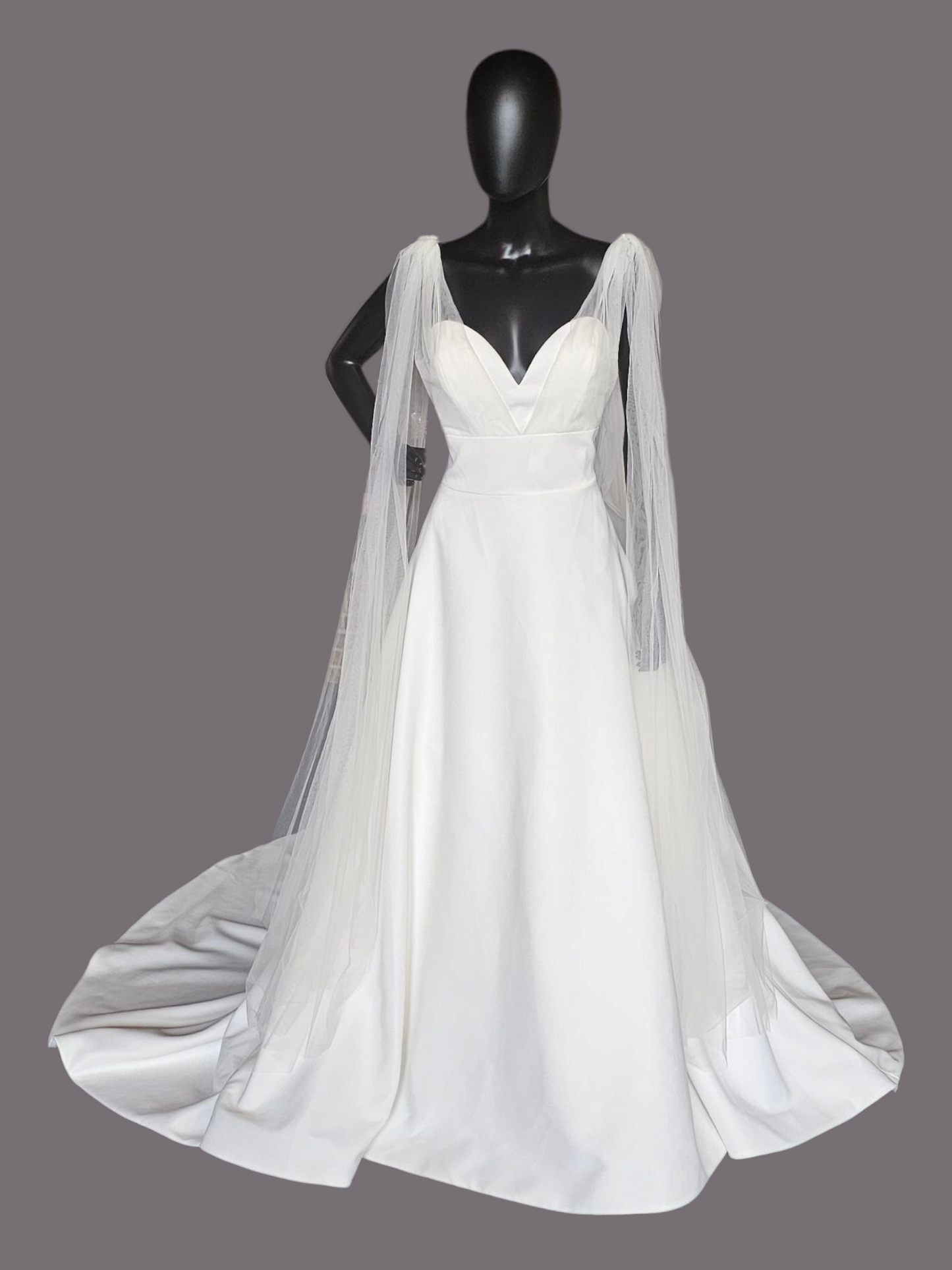 Plunge V-Neck Tulle Arm Detail Wedding Gown - Amy & Eve