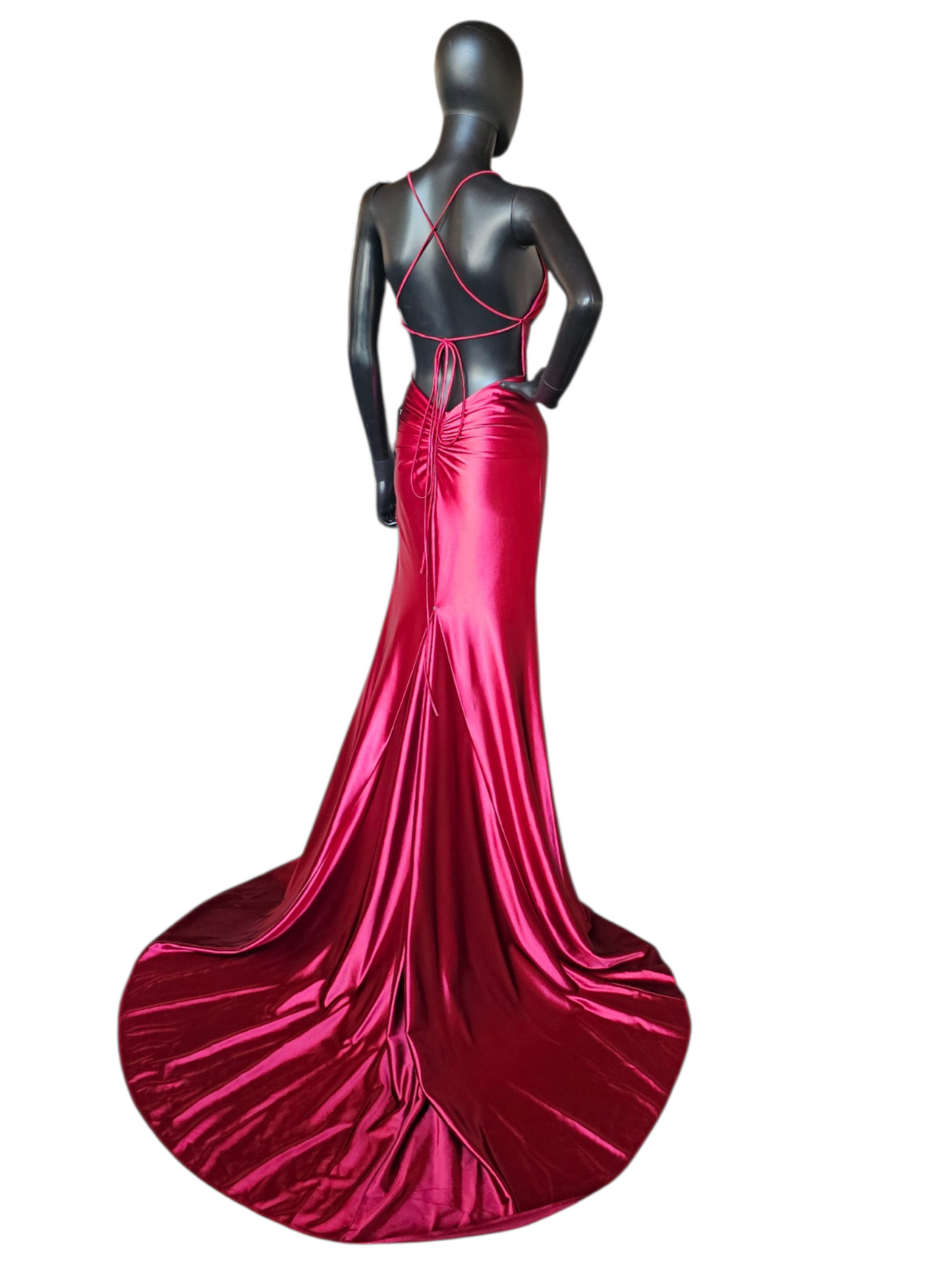 Red/Pink Stretch Plunge Halter Formal/Prom Dress - The Secret Room