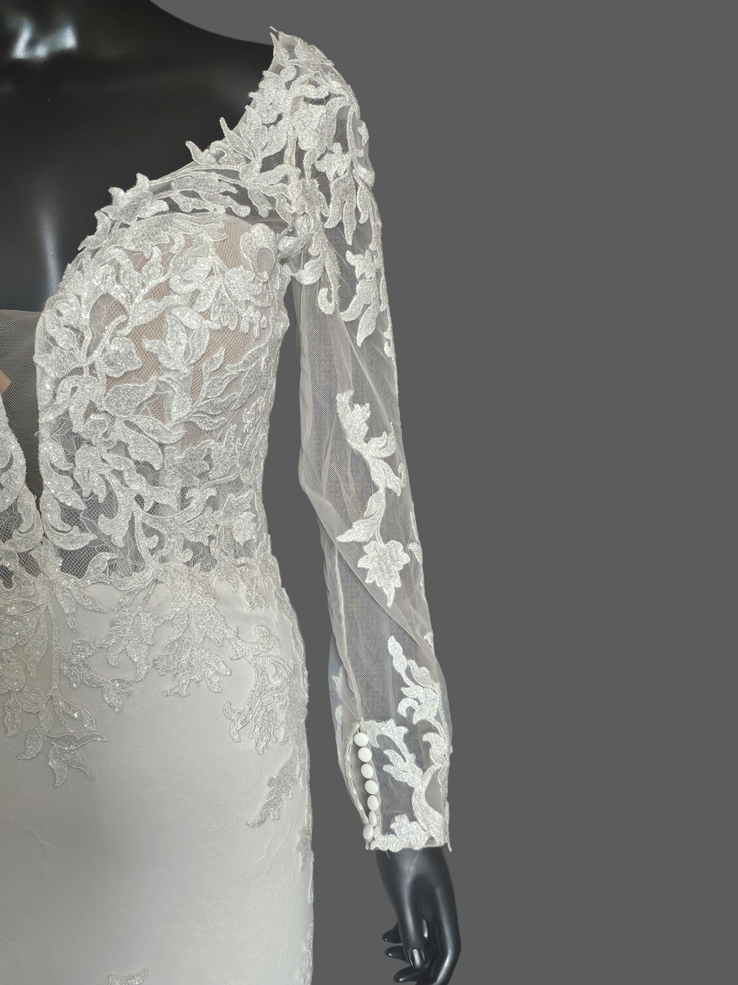 Ivory Lace Overlay Long Sleeve Plunge Fit/Flare Scallop Train Wedding Gown - Mori Lee