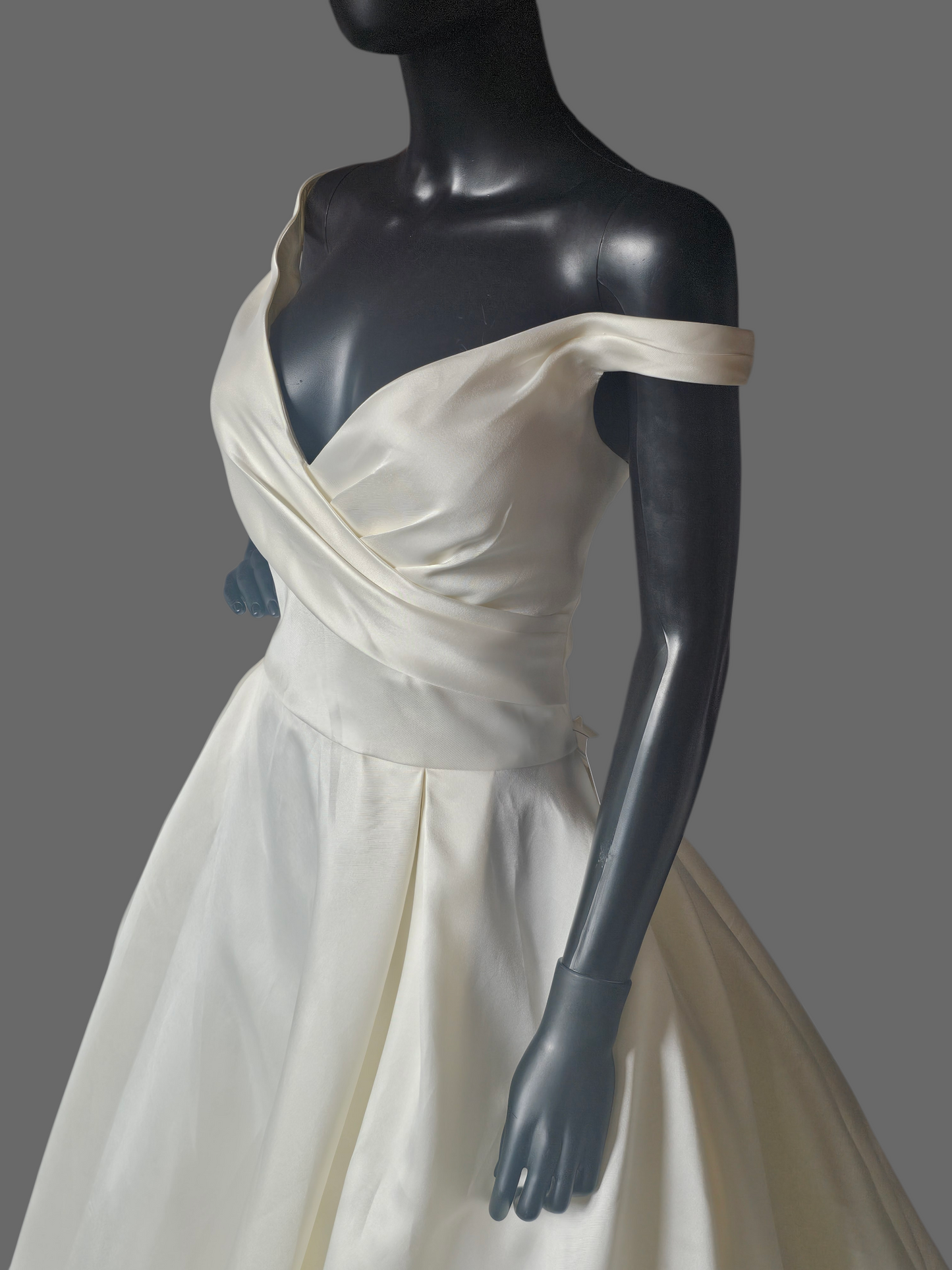 Ivory Mikado Off Shoulder  A-Line Wedding Gown W/Removable Bow - Ashley + Justin