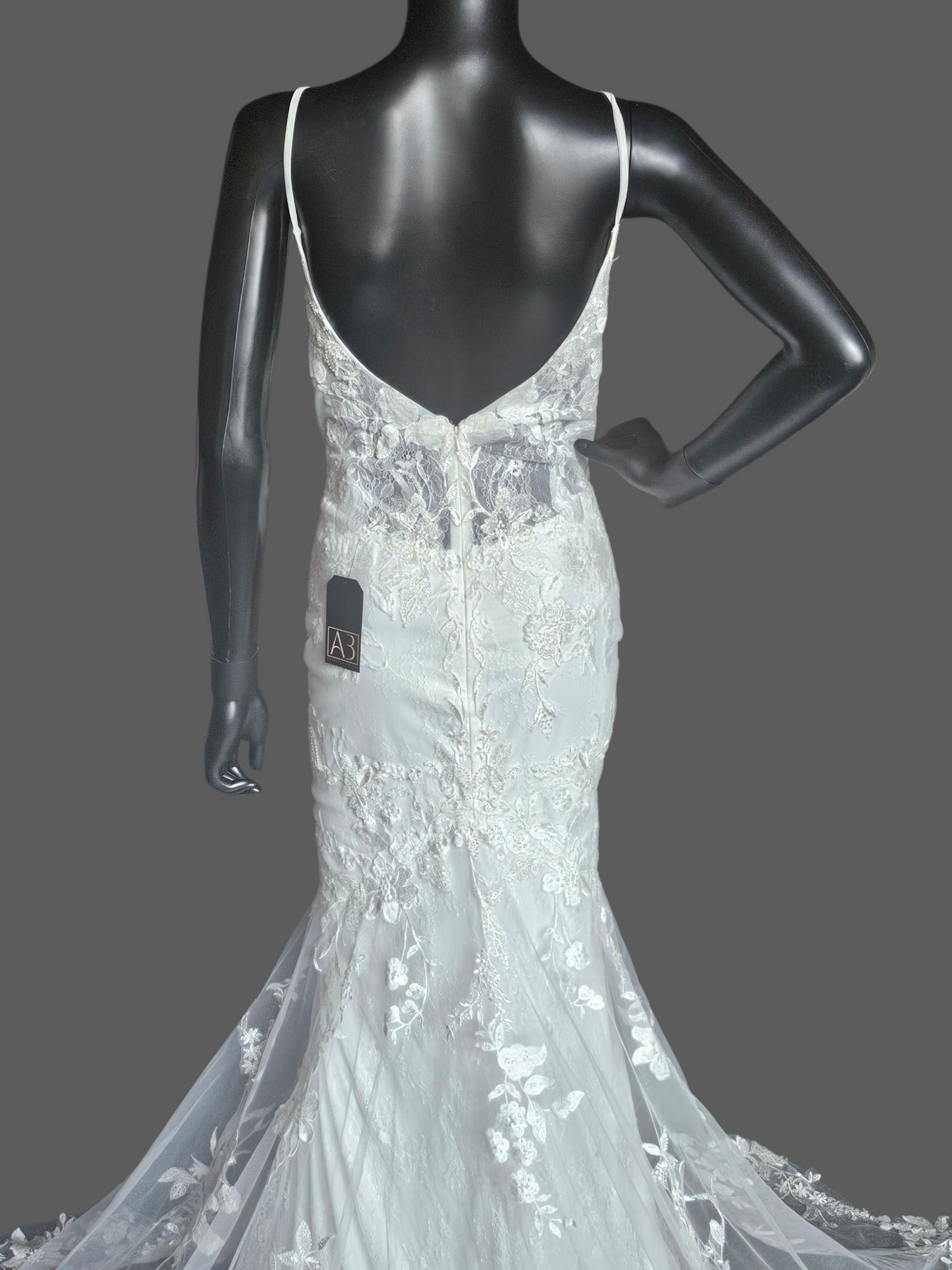 Ivory Fitted Spaghetti Strap Plunge Scallop Train Wedding Gown - Stella Couture