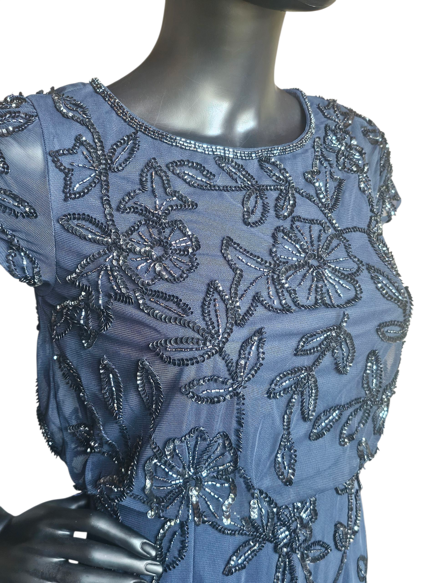 Navy Floral Blouson Cap Sleeve Formal Dress - Adrianna Papell