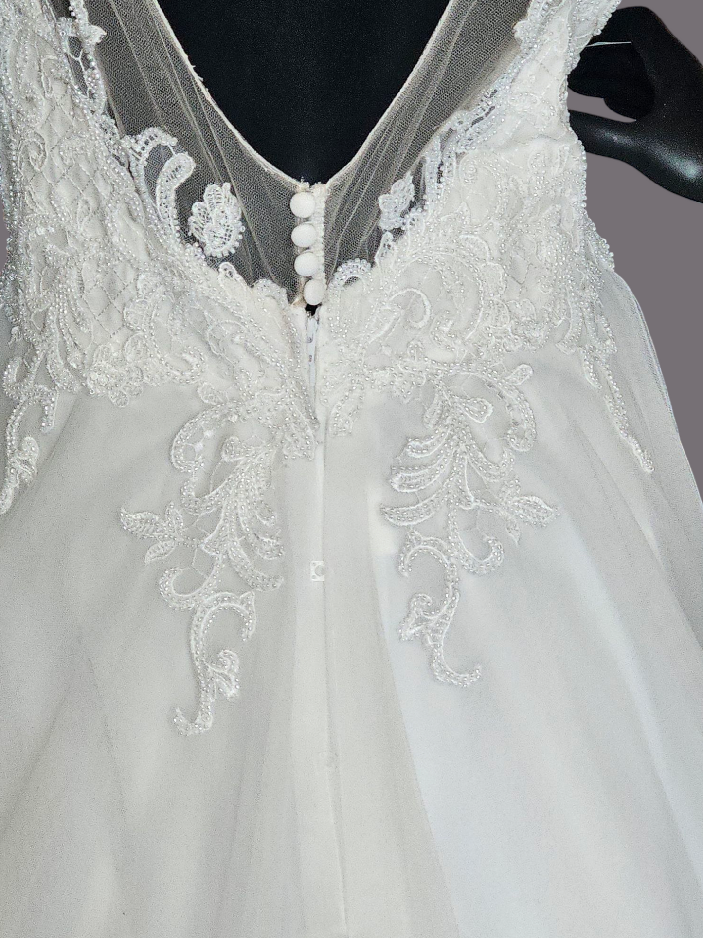 Ivory V-Neck Illusion Cap Sleeve A-Line Wedding Gown - Evelyn Bridal