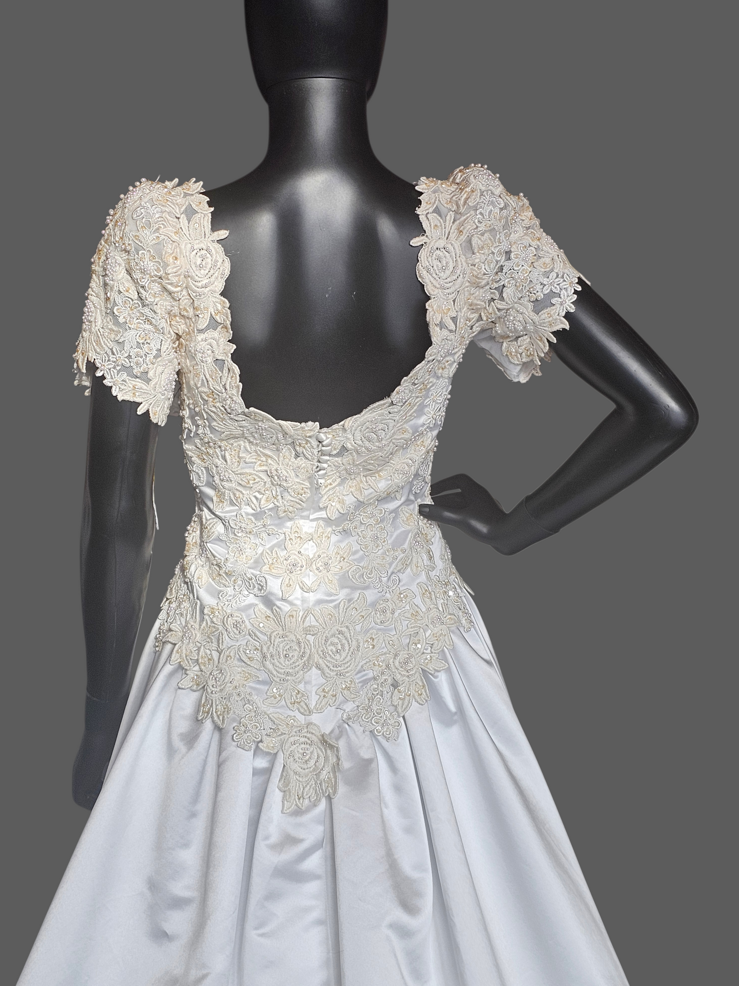 Vintage White Embroidered Cap Sleeve N-Neck Wedding Gown - Modest