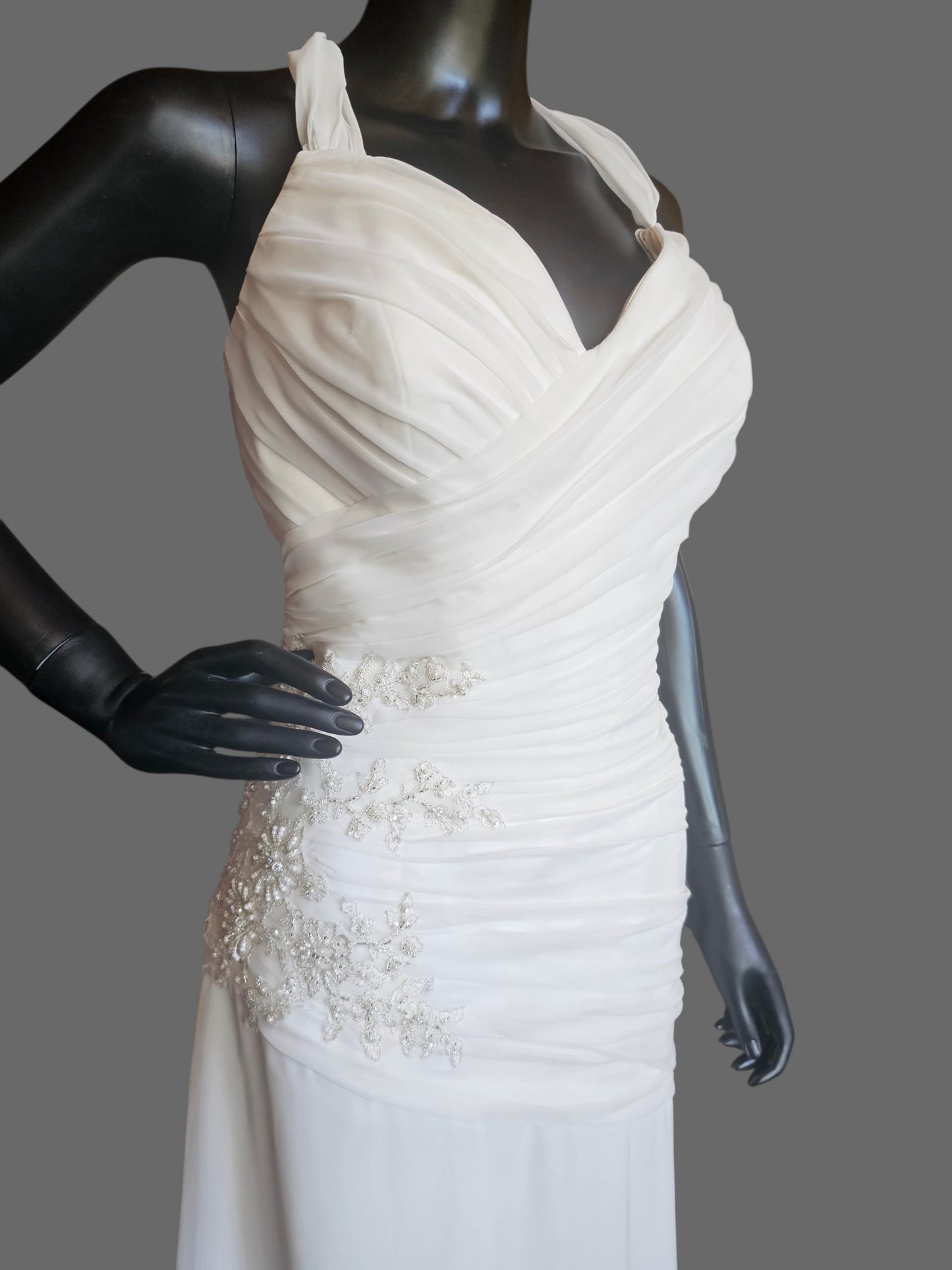Chiffon Halter Asymmetrical Fit/Flare Beaded Applique - Private Label