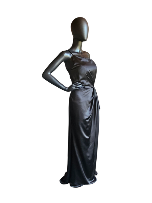 Black Silky Satin One Shoulder Formal/Bridesmaid/Morthers Maxi Dress - Mori Lee