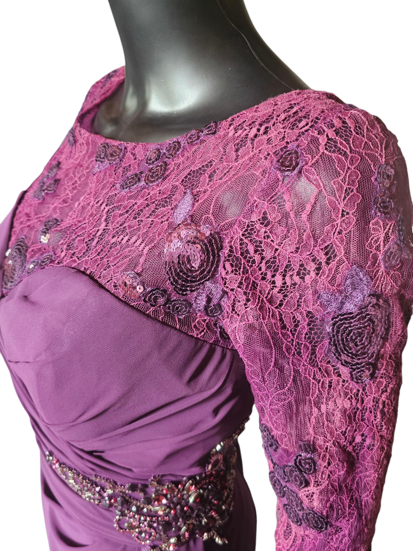 Plum Lace Sleeve Illusion Side Ruched Formal Gown - MGNY