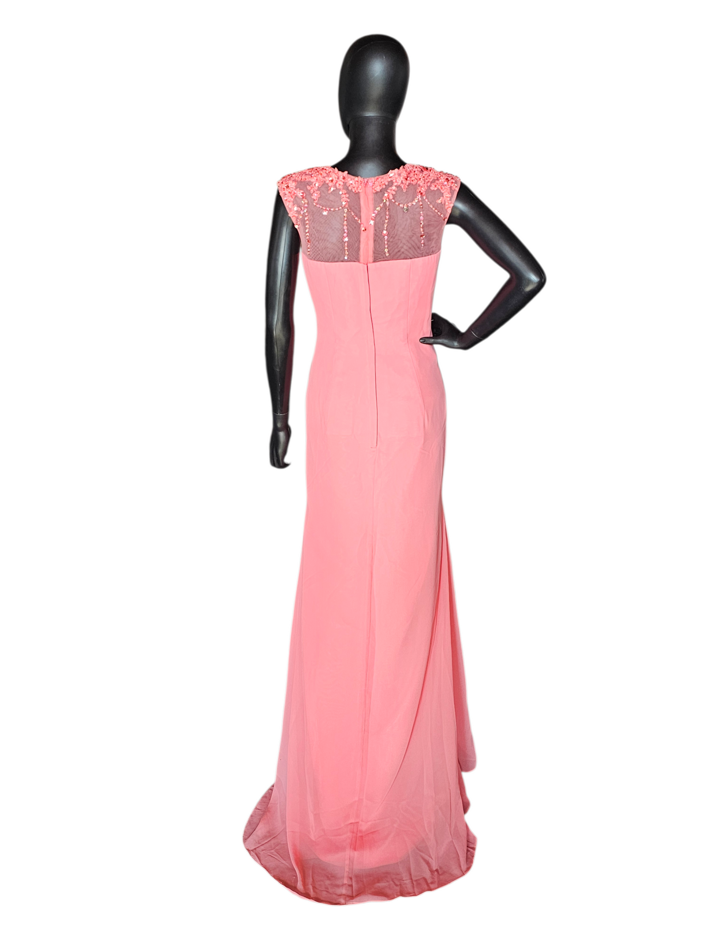 Coral Fitted Beaded Formal Maxi Dress - Hebeos