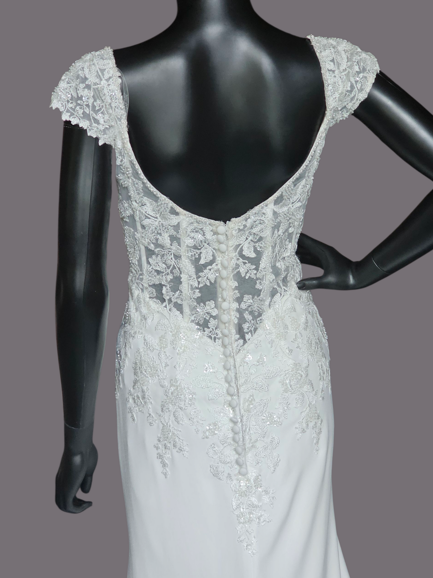 Ivory Crepe Fitted Cap Sleeve Wedding Gown - Mori Lee