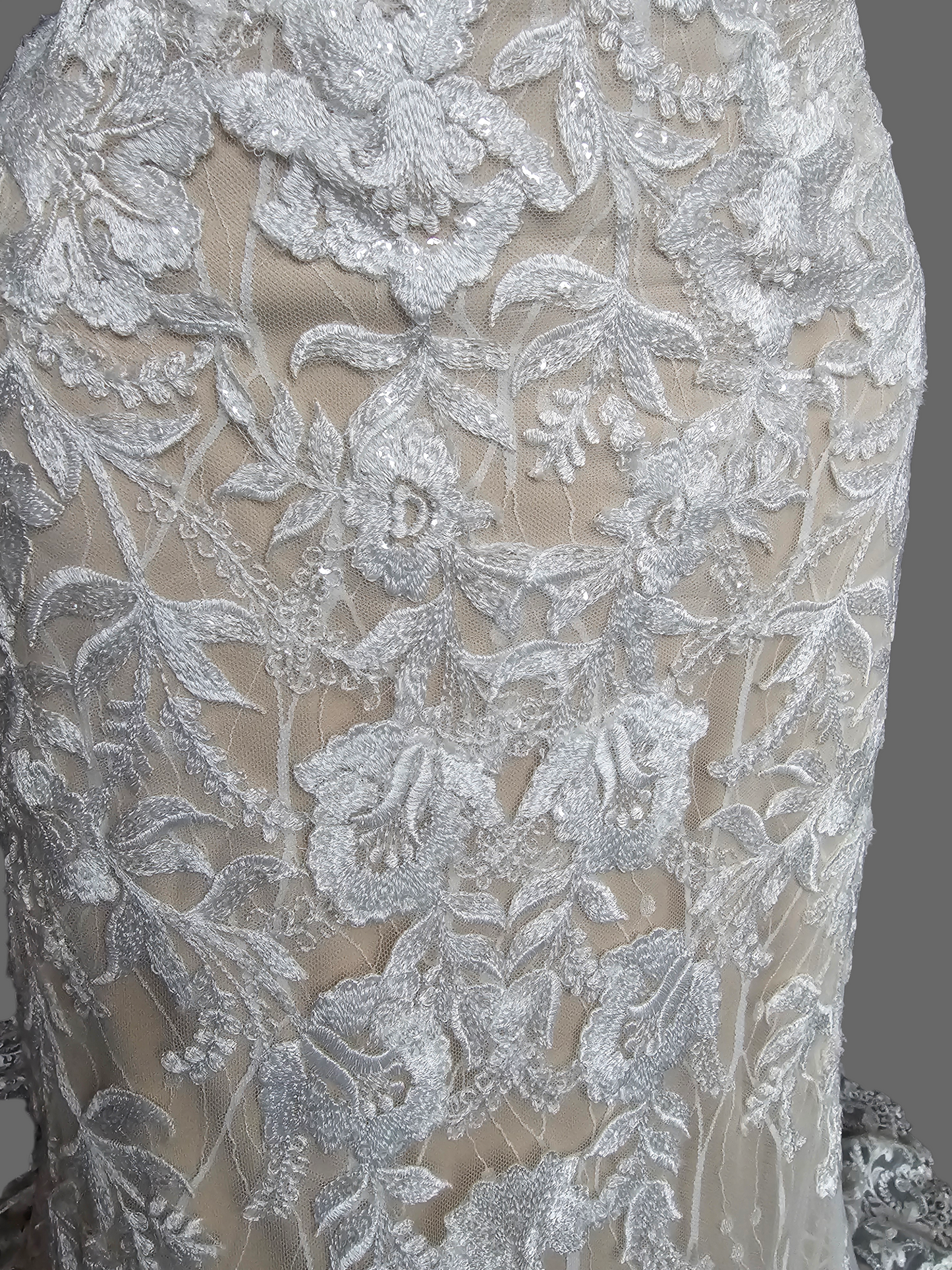 Ivory/Honey Layered Lace Fitted Off Shoulder Wedding Gown - Martin Thornburg
