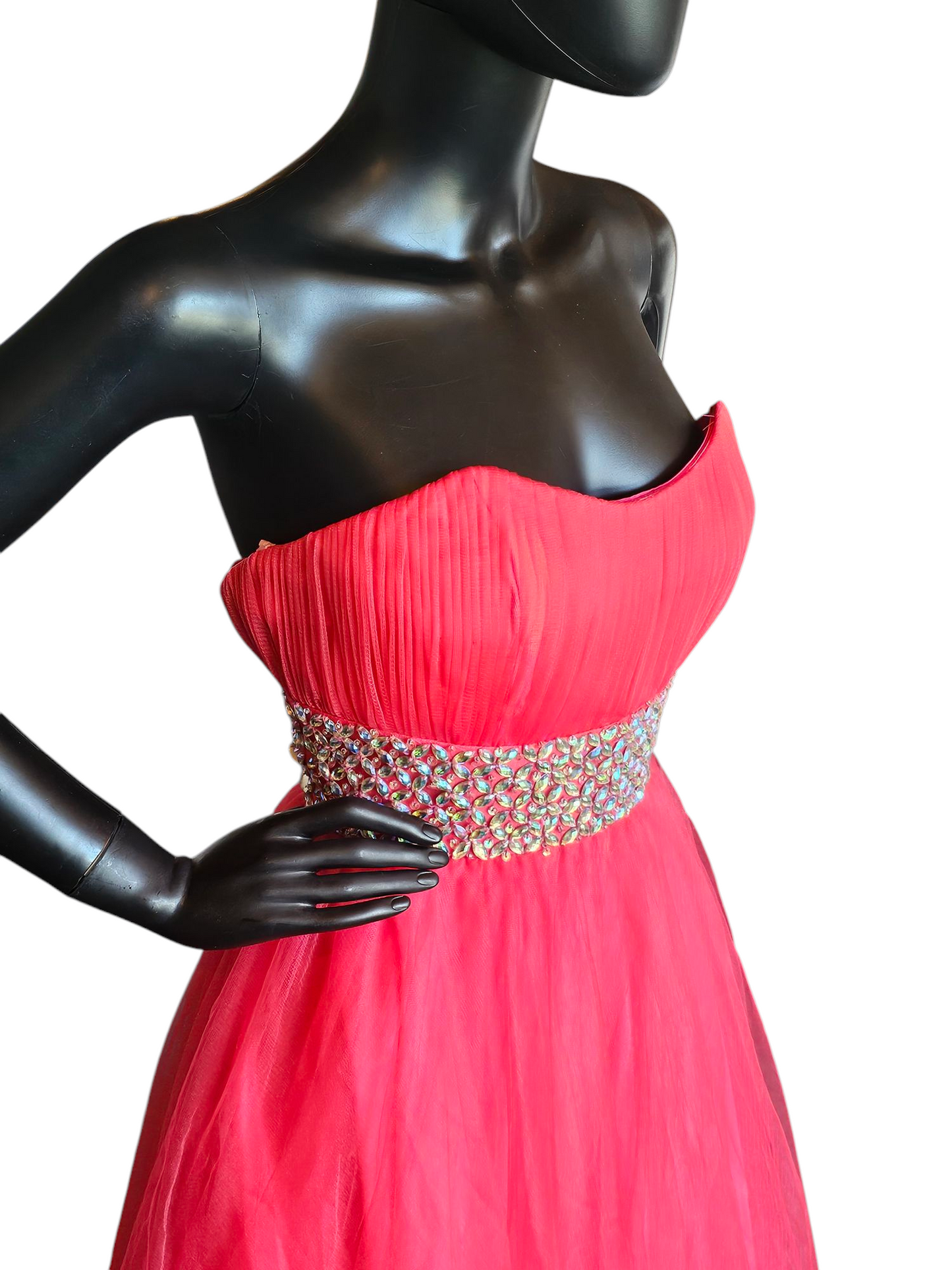 Pink/Coral Tulle Crystal A-line Formal Gown