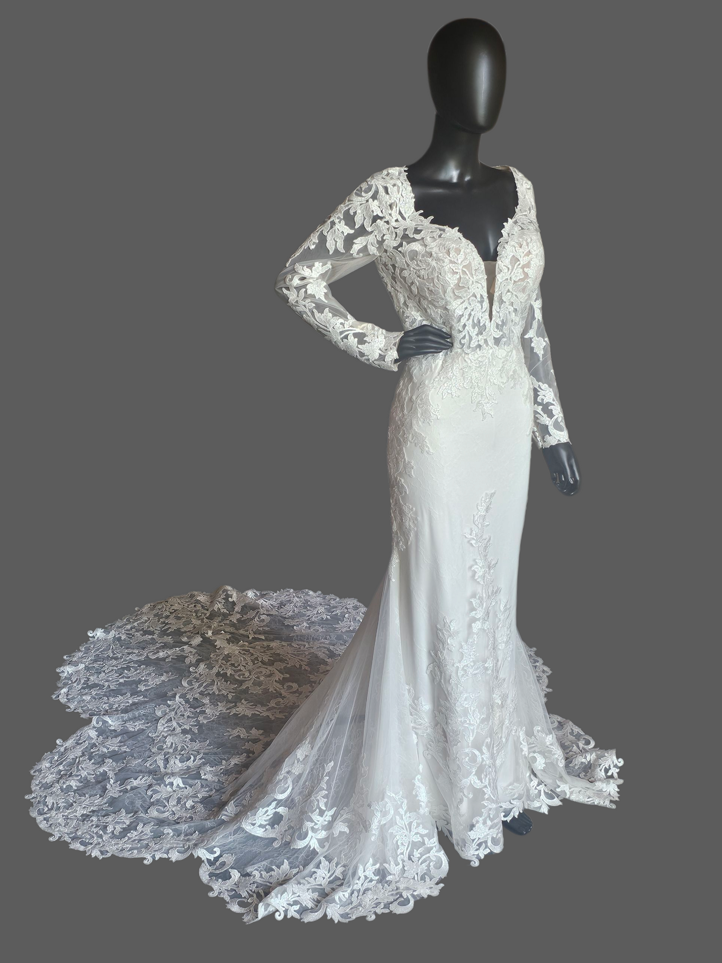 Ivory Lace Overlay Long Sleeve Plunge Fit/Flare Scallop Train Wedding Gown - Mori Lee