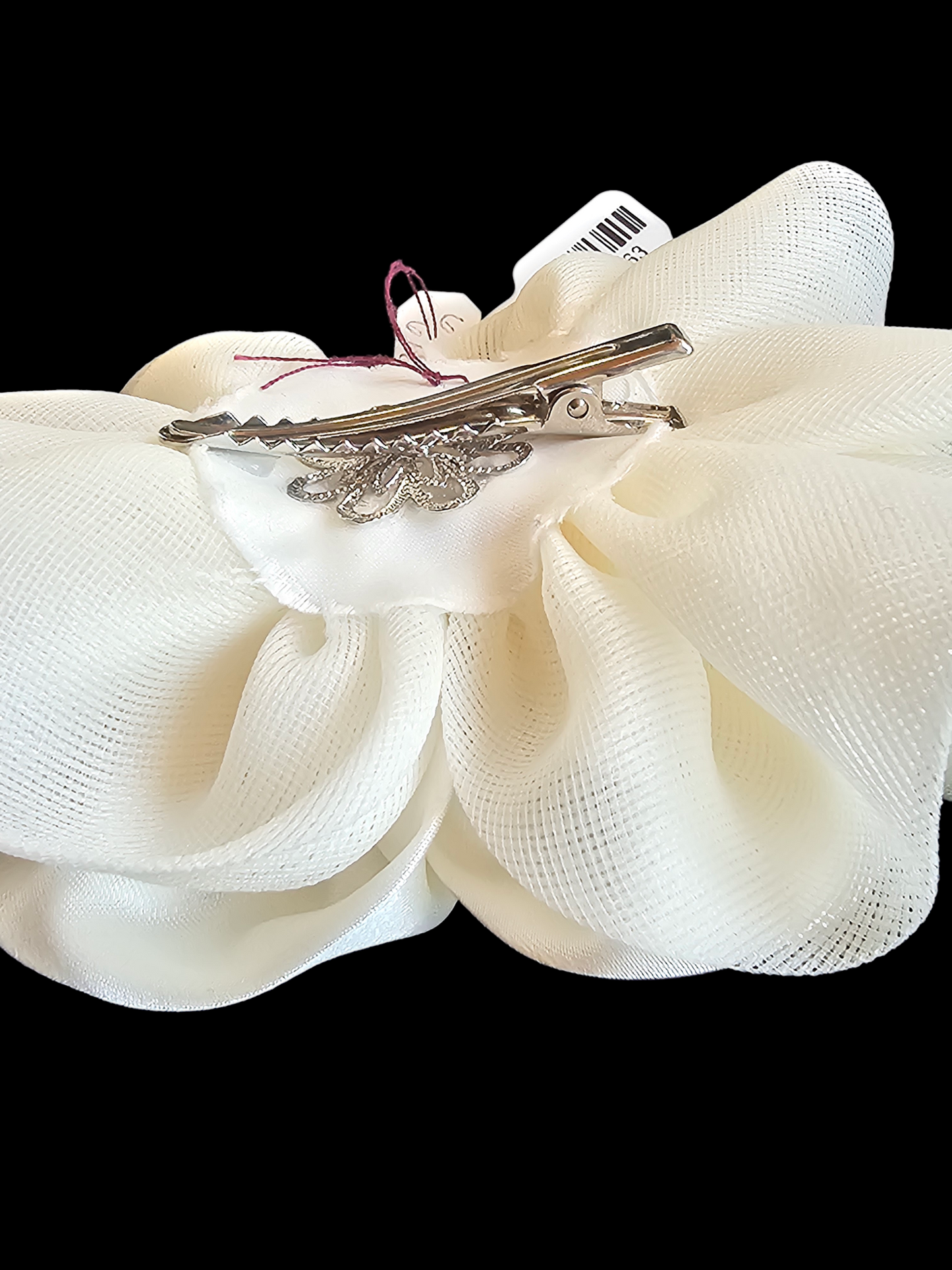 Ivory Satin Silver Rhinestone Bow Clip