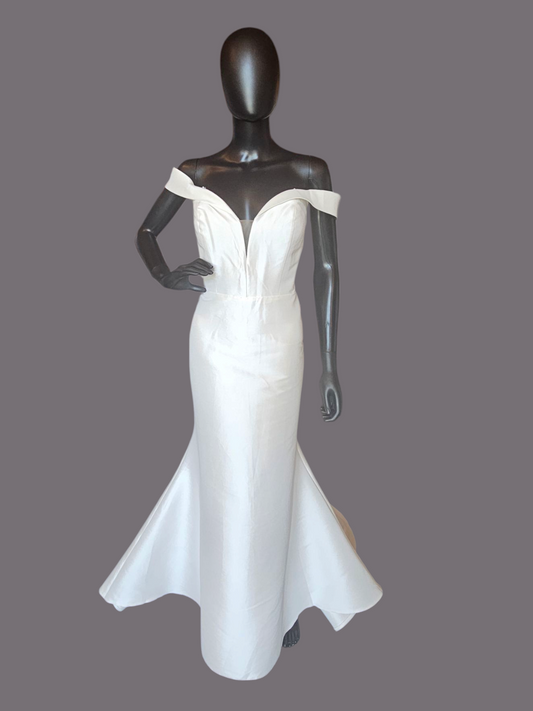 Ivory Satin Twill Fit-Flare Off Shoulder Wedding Gown - Allure Bridals