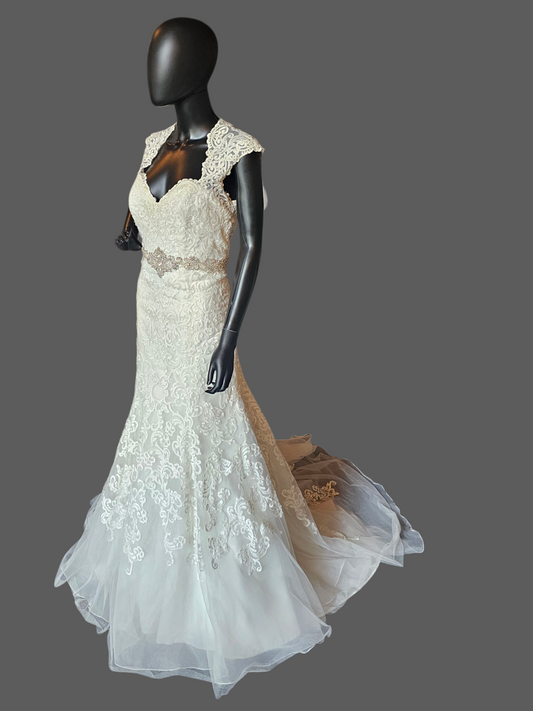 Ivory Lace Queen Anne Cap Sleeve Fit/Flare Wedding Gown - Mori Lee