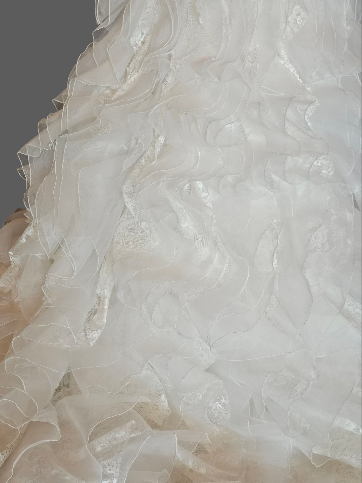 Ivory Lace Strapless Sweetheart Fit/Flare Verticle Ruffle Wedding Gown - Casablanca