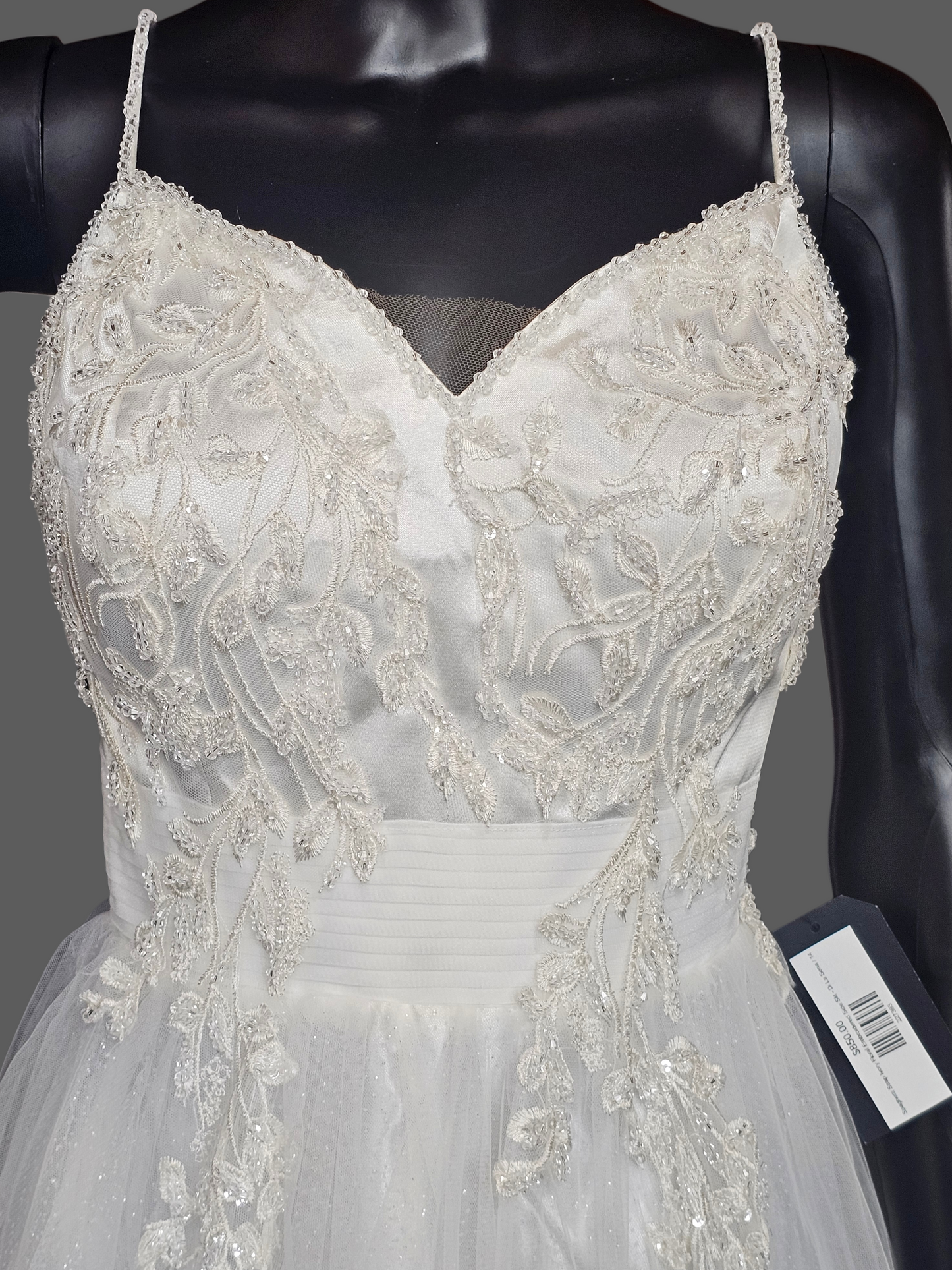 Spaghetti Strap Ivory Floral Embroidered Side Slit Wedd8ng Gown - Di La Sena