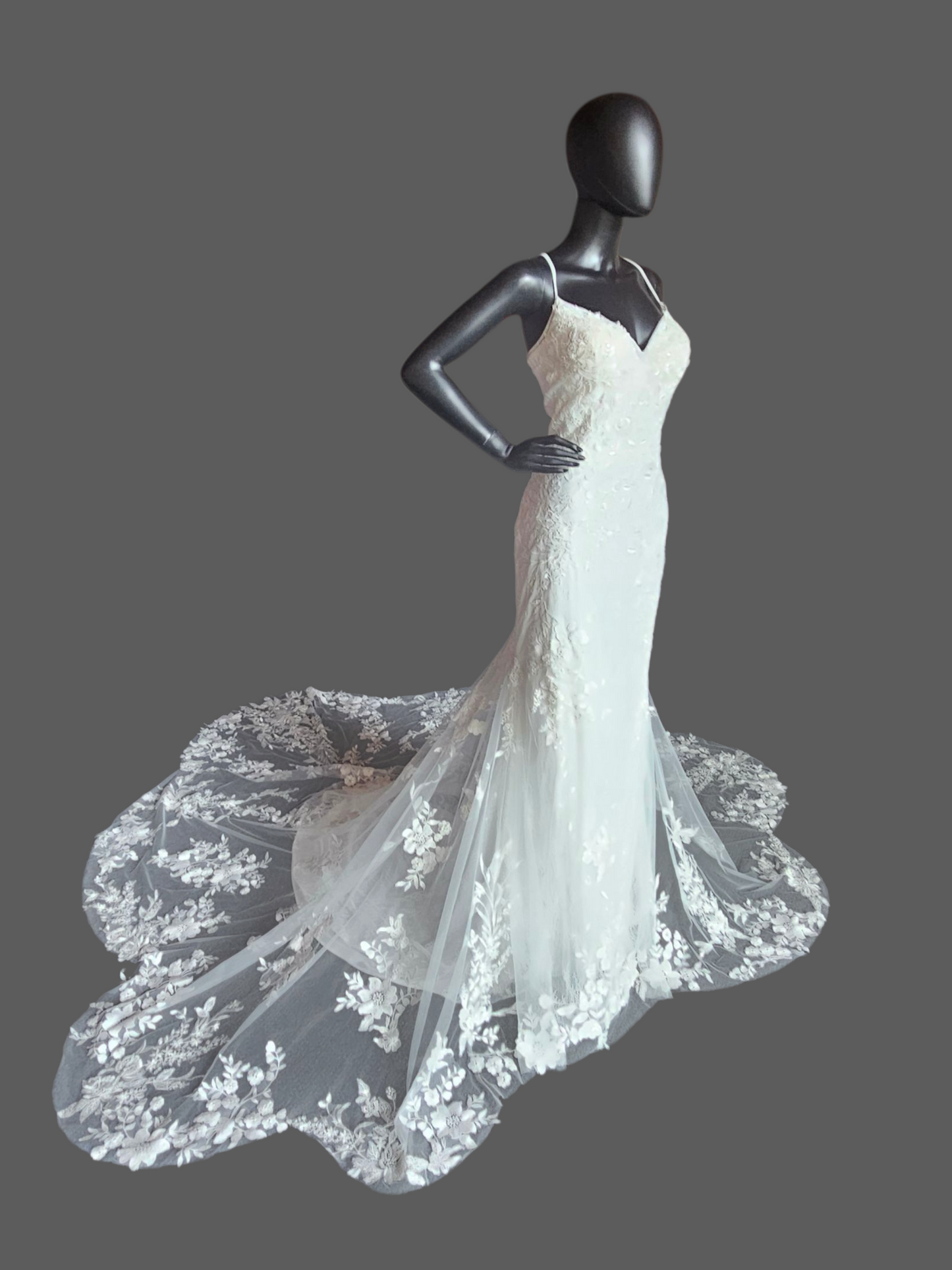 Ivory Fitted Spaghetti Strap Plunge Scallop Train Wedding Gown - Stella Couture