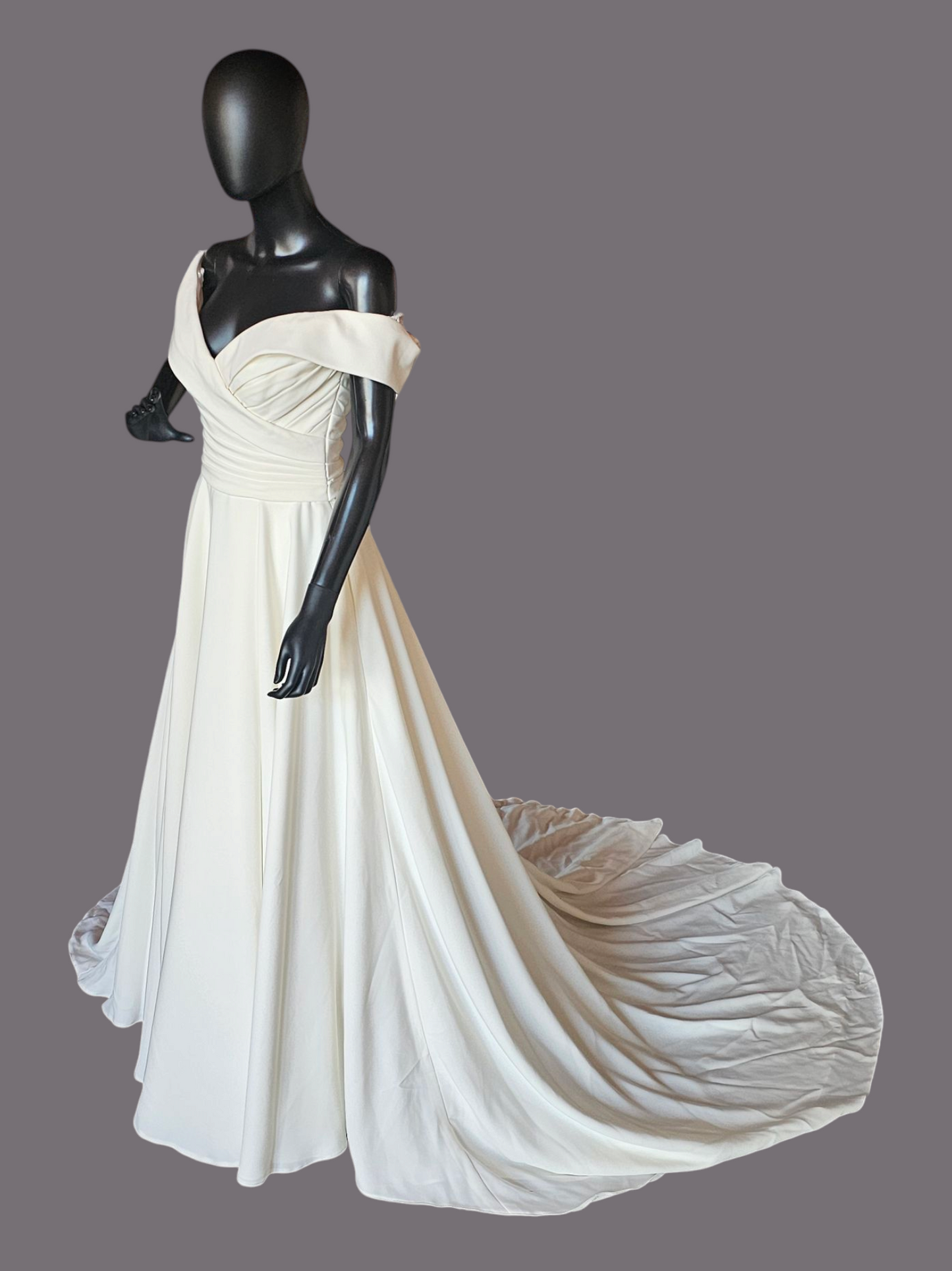 Off Shoulder/Portrait Collar Simple Ivory Crepe Wedding Gown - Mori Lee