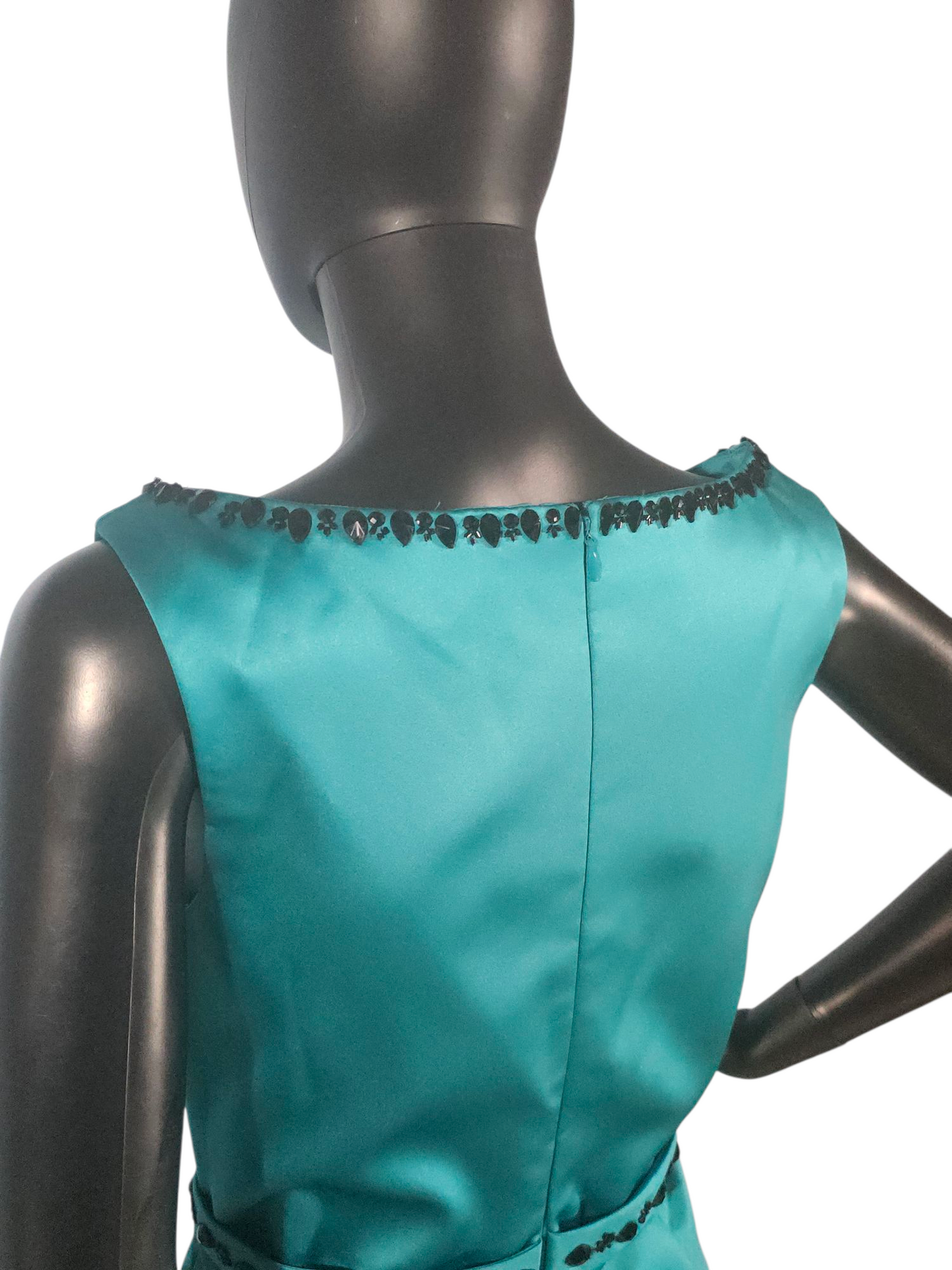 Teal Satin/Black Crystal A-Line Cocktail Dress - Da Vinci