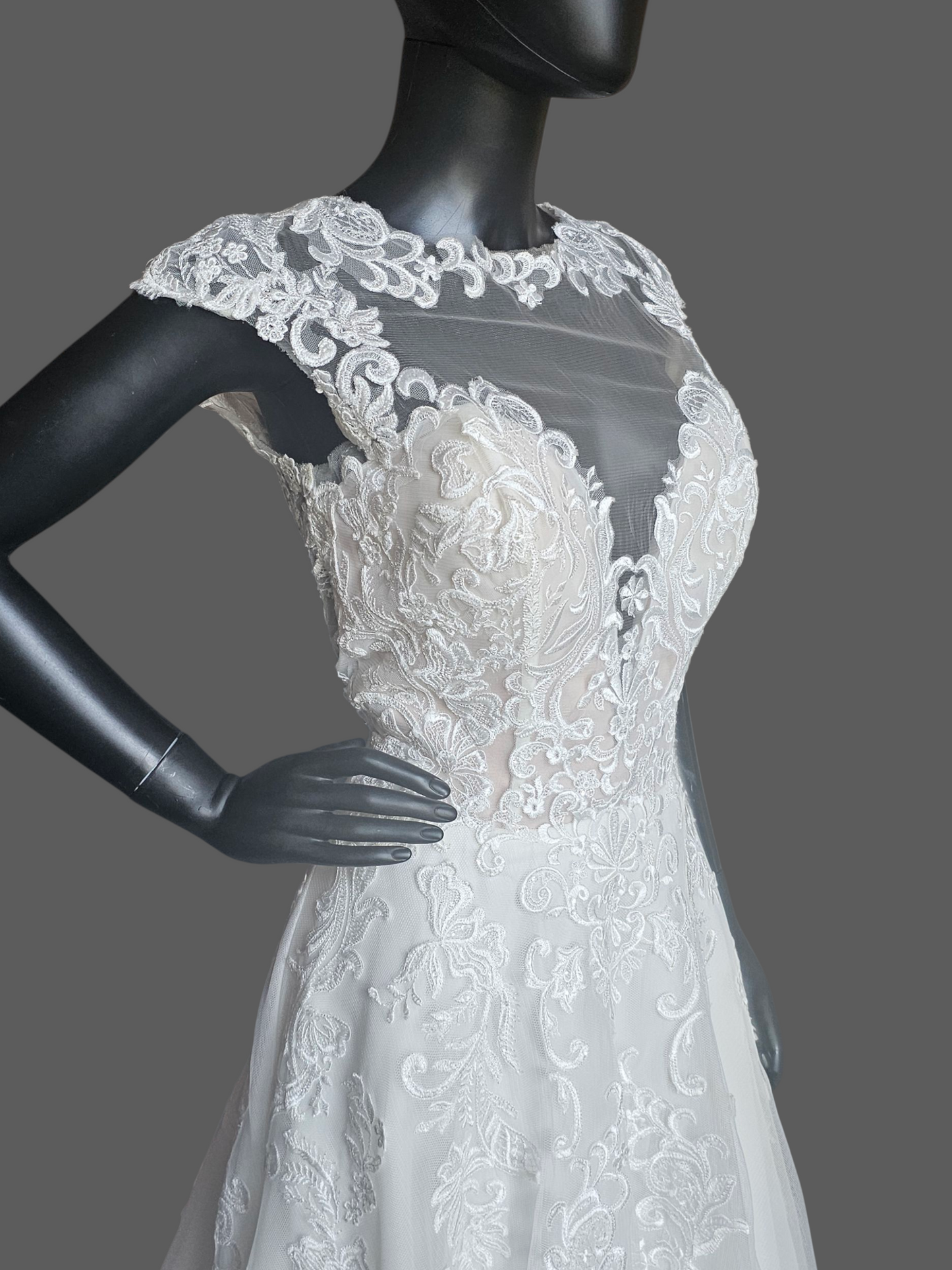 Ivory Illusion Cap Sleeve A-Line Net Wedding Gown - Mori Lee