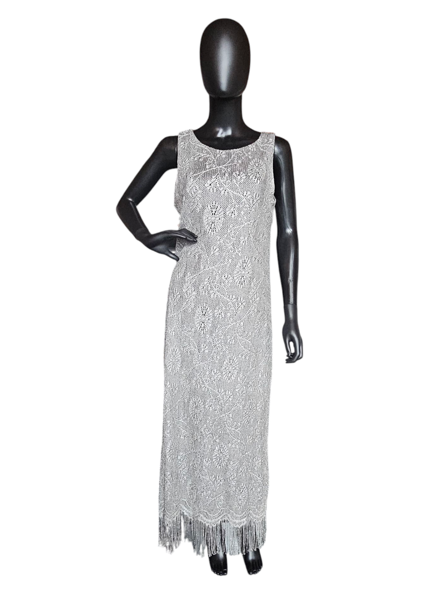 Silver Crochet Sheath/Fringe Formal Dress W/Bolero Jacket - Harlow Nites
