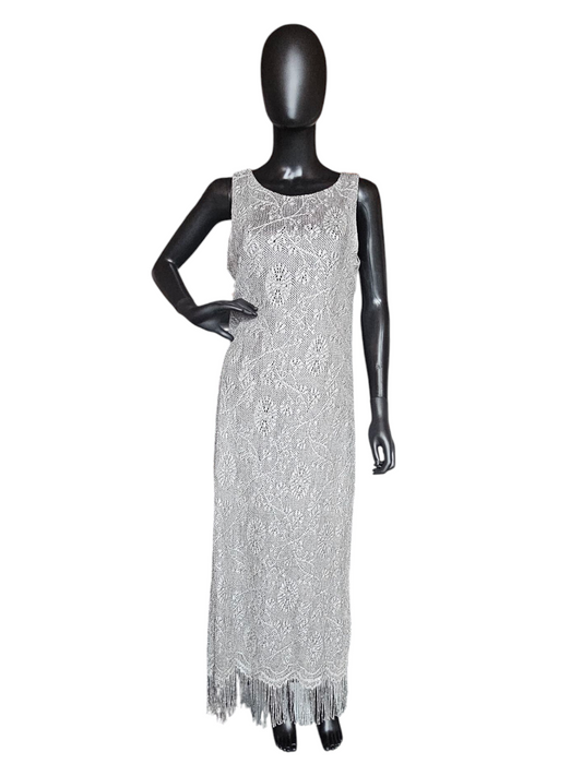 Silver Crochet Sheath/Fringe Formal Dress W/Bolero Jacket - Harlow Nites