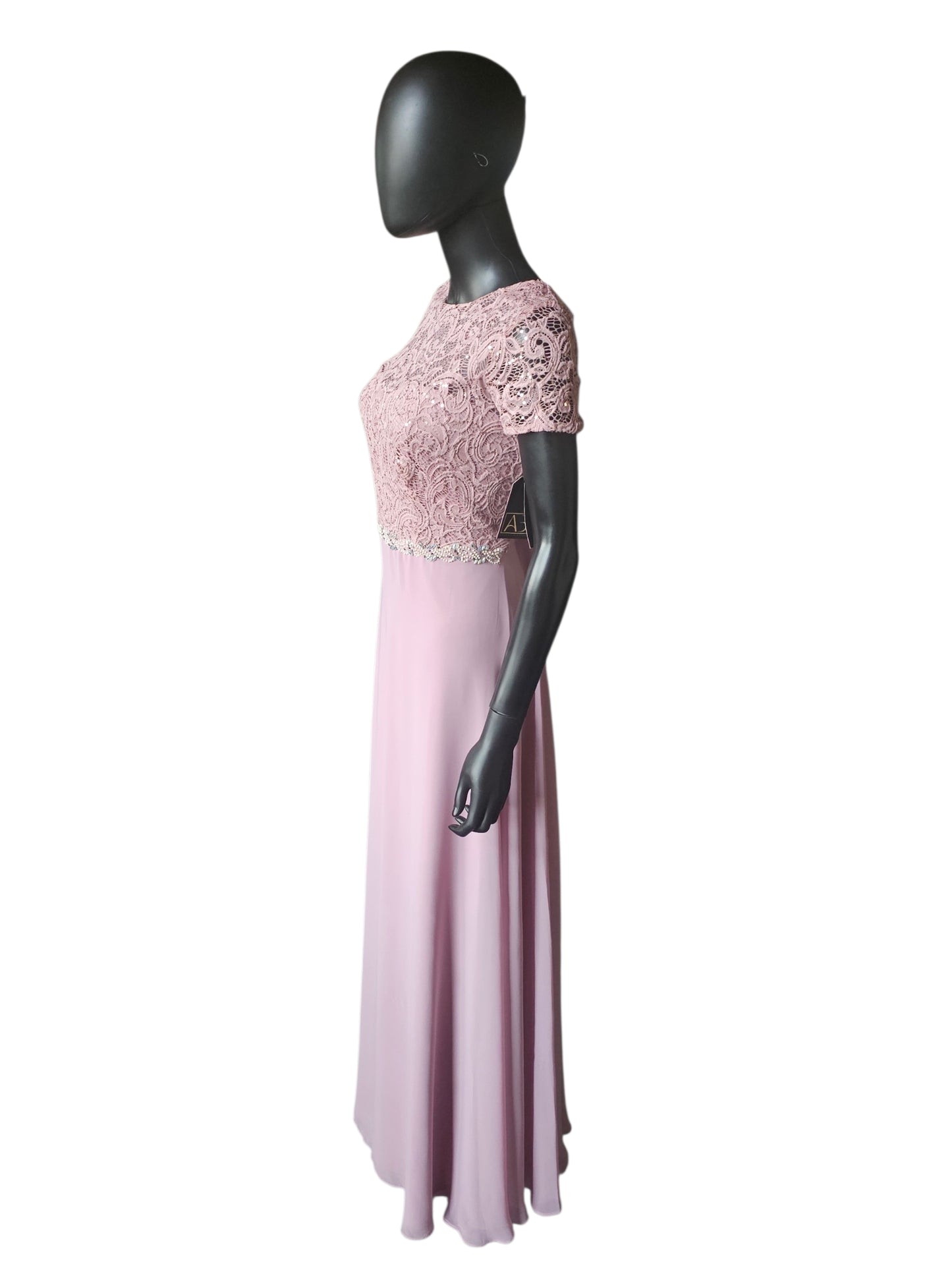 Mauve Beaded Belt/Lace Details Cap Sleeve Crew Neck Full Length Formal Dress - Jackie Jon