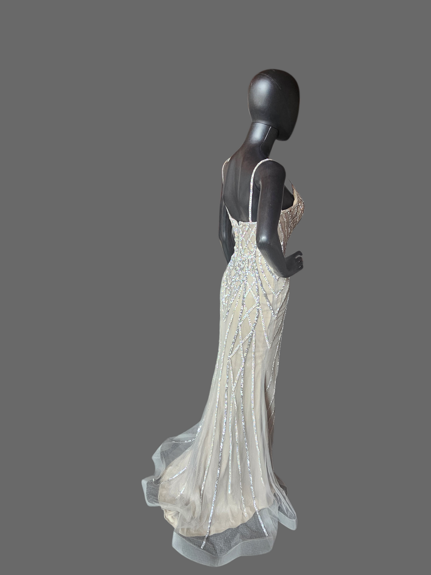Nude Plunge Crystal Fitted Formal/Gala Dress - GB Social