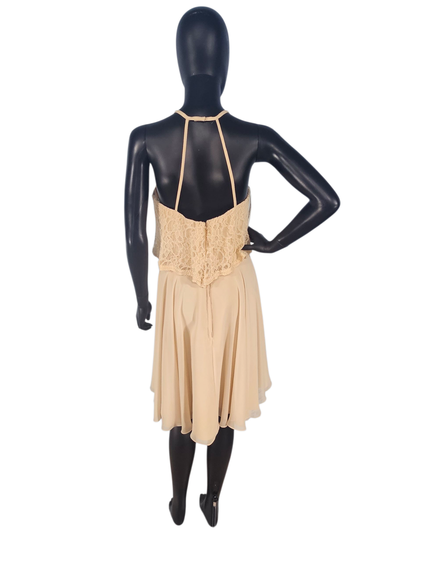 Champagne Lace/Chiffon Halter Flutter Cocktail/Party Dress - Mori Lee