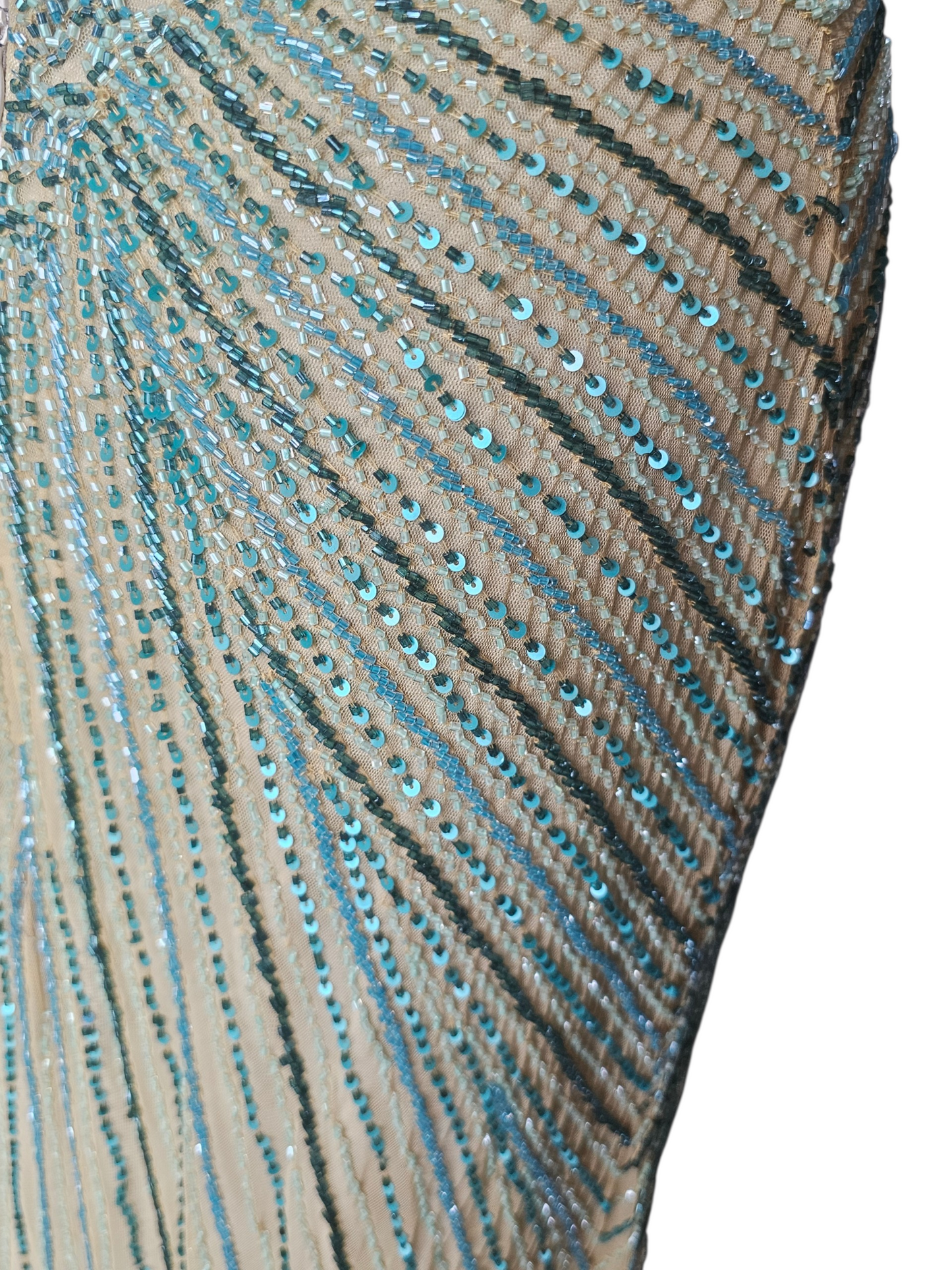 Nude/Green Large Scale Beaded Design V-Neck Fit/Flare Open Back Mom/ Formal/prom Dress - Primavera