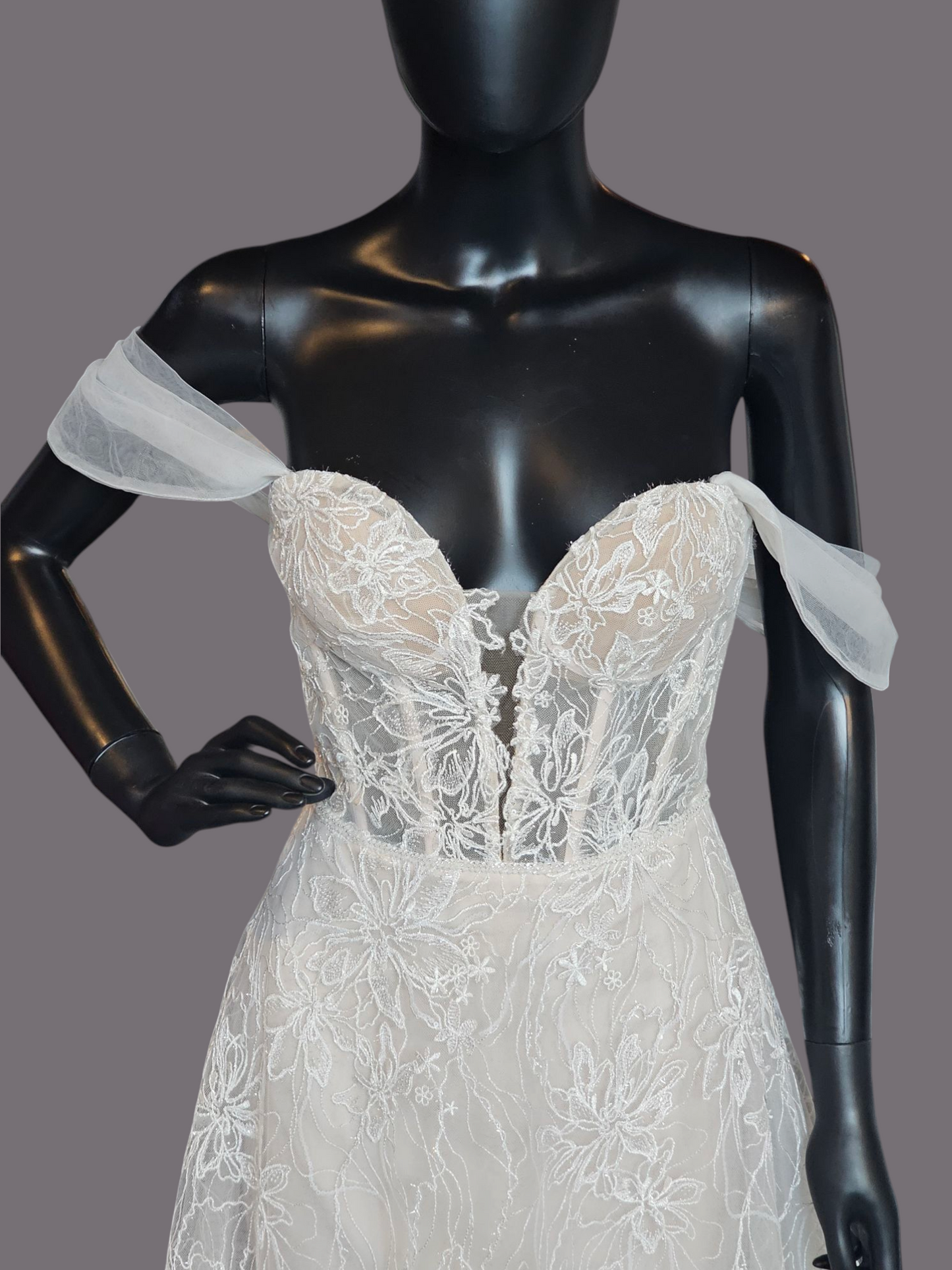 Natural Waist Off Shoulder Vintage Rose Embroidered Wedding Gown