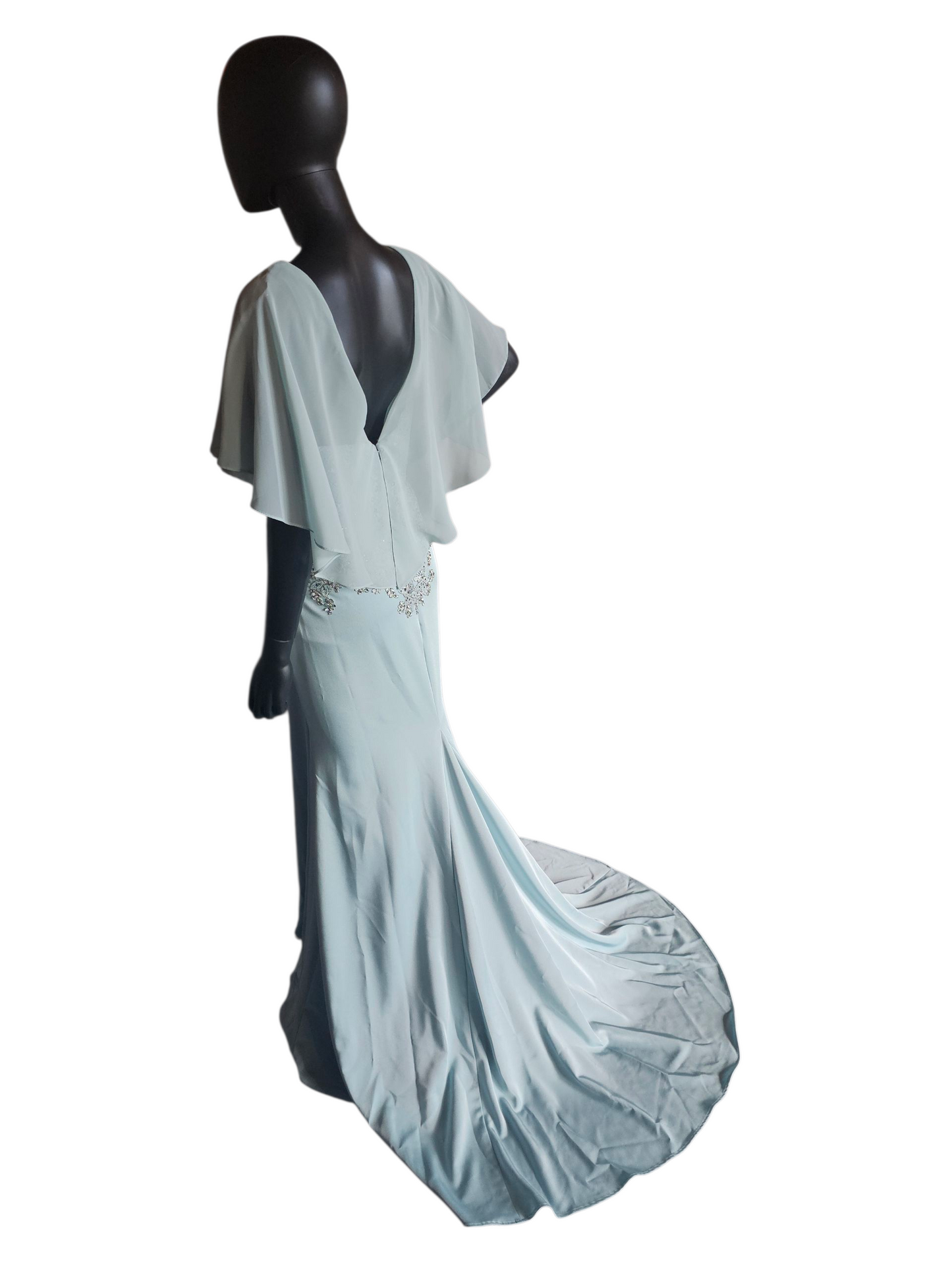 Deep Aqua/Silver Embroidered Chiffon Flutter Sleeve Formal Dress - Madeline Gardner