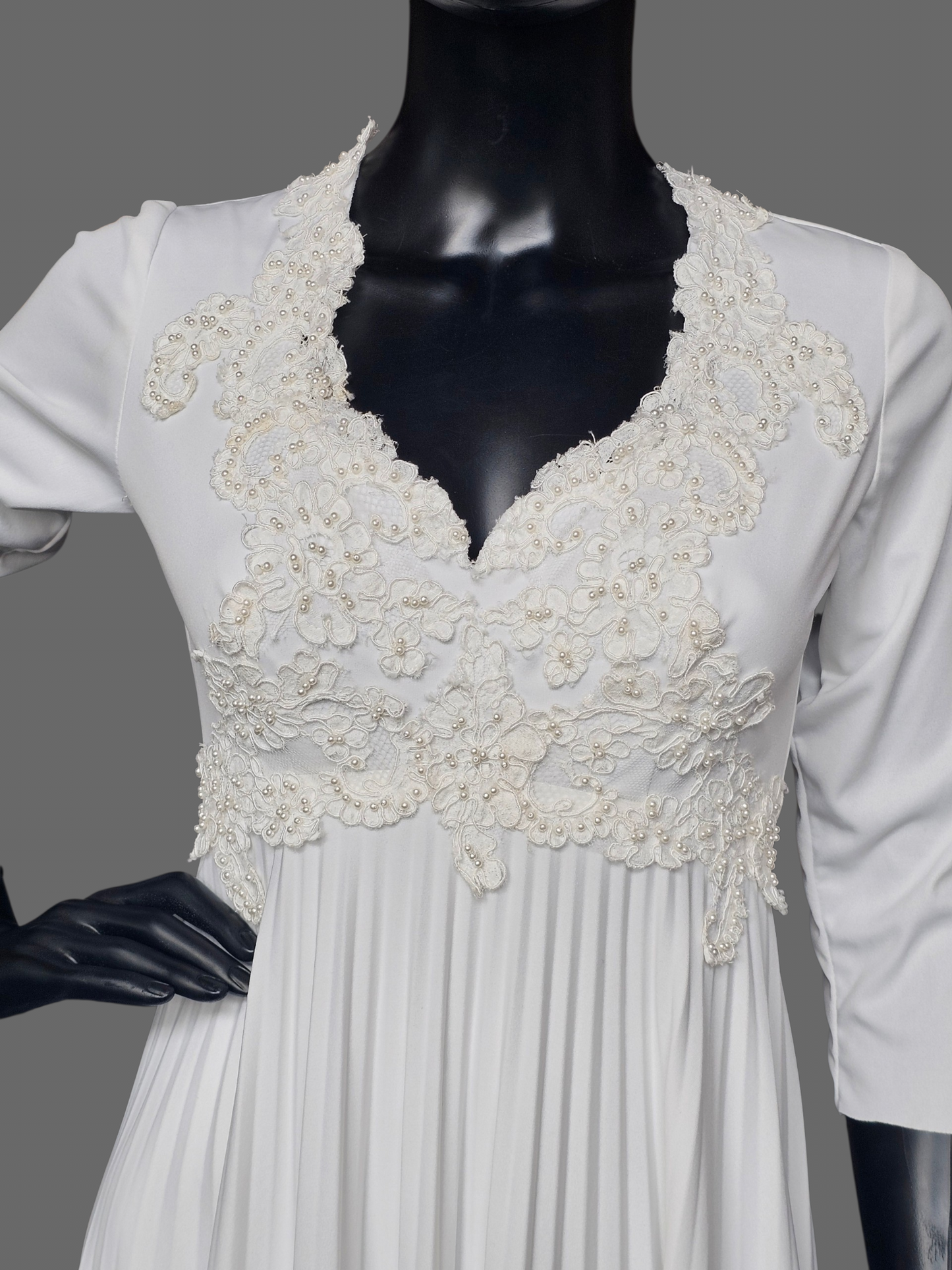 Vintage White 3/4 Sleeve Jersey Lace Detail V-Neck Wedding Gown - Renewal