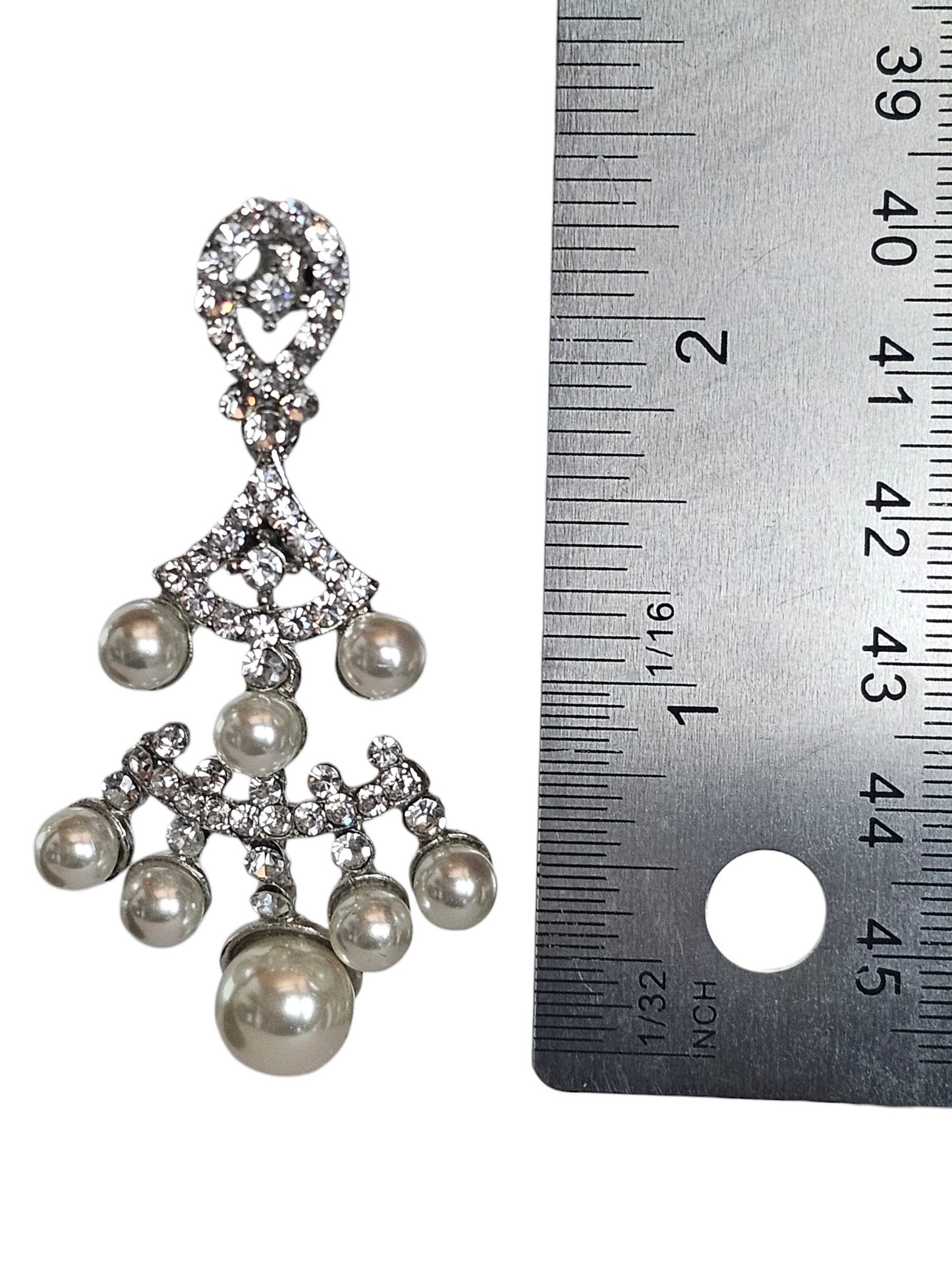 Large Silver/Rhinestone Pearl Dangle Earring - Mariell