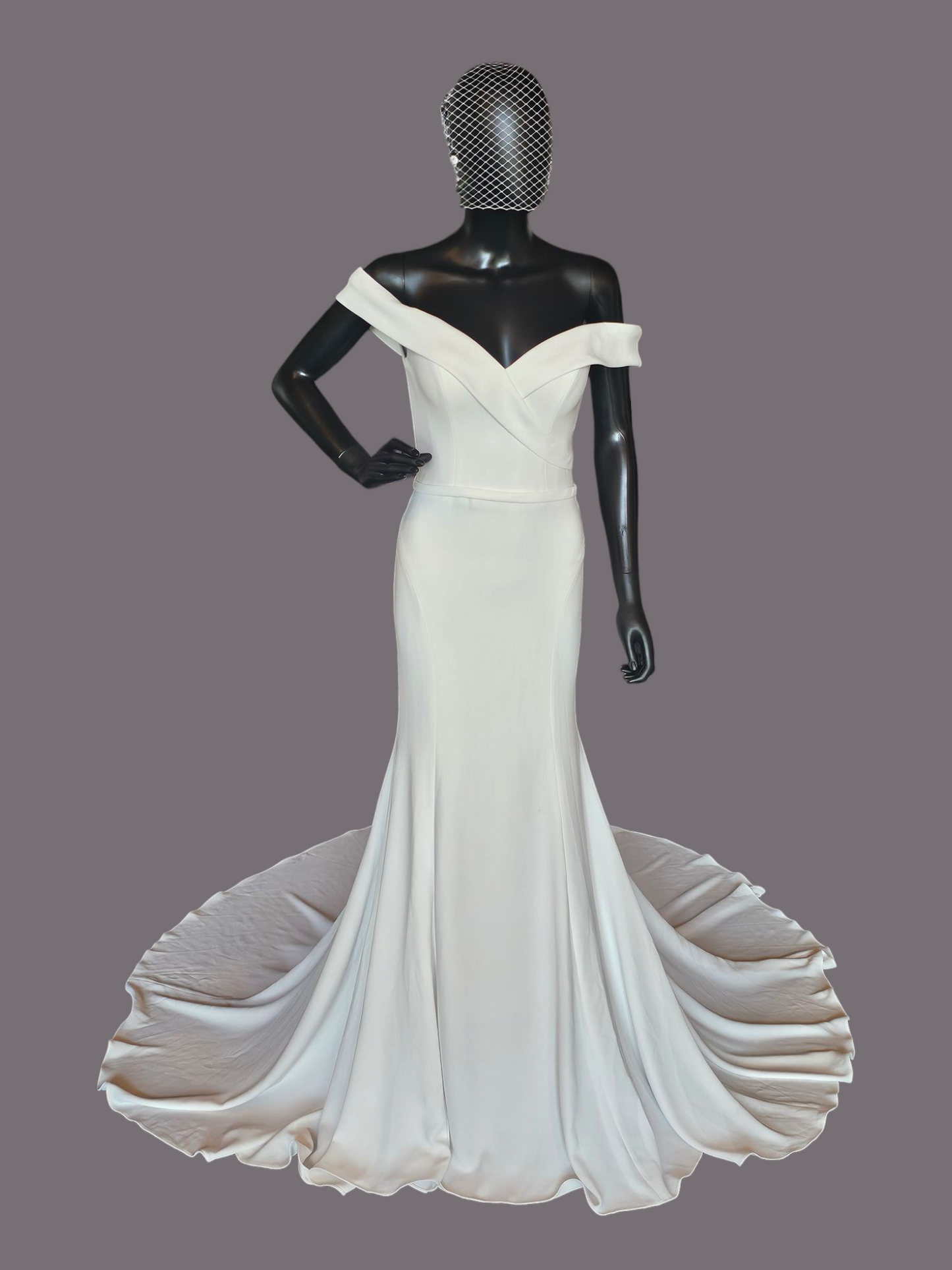 Ivory Off Shoulder Fitted Crepe Wedding Gown