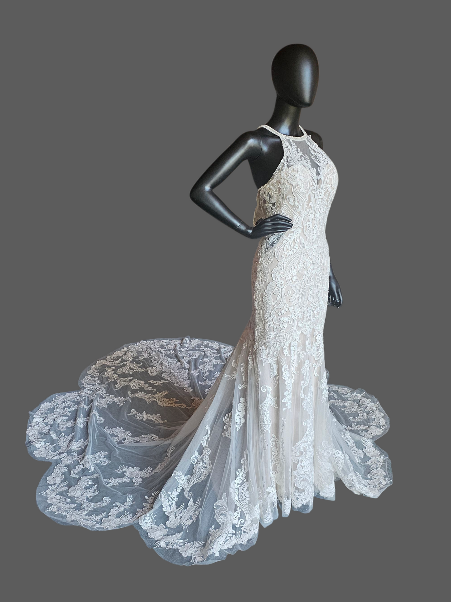 Ivory/Cappuccino Lace Halter Fit/Flare Scallop Train Wedding Gown - Mori Lee