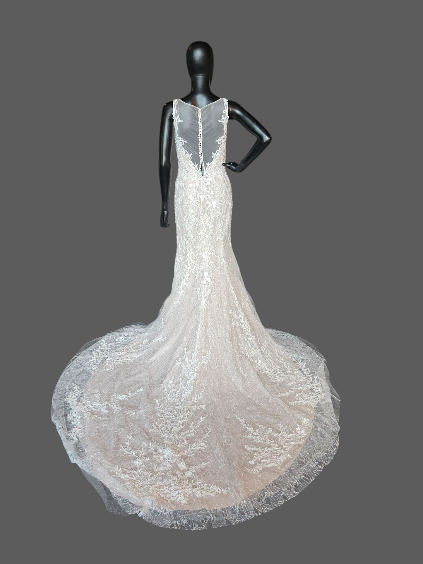 Ivory/Latte Beaded Lace Illusion Back Plunge Fit and Flare Wedding Gown - Da Vinci