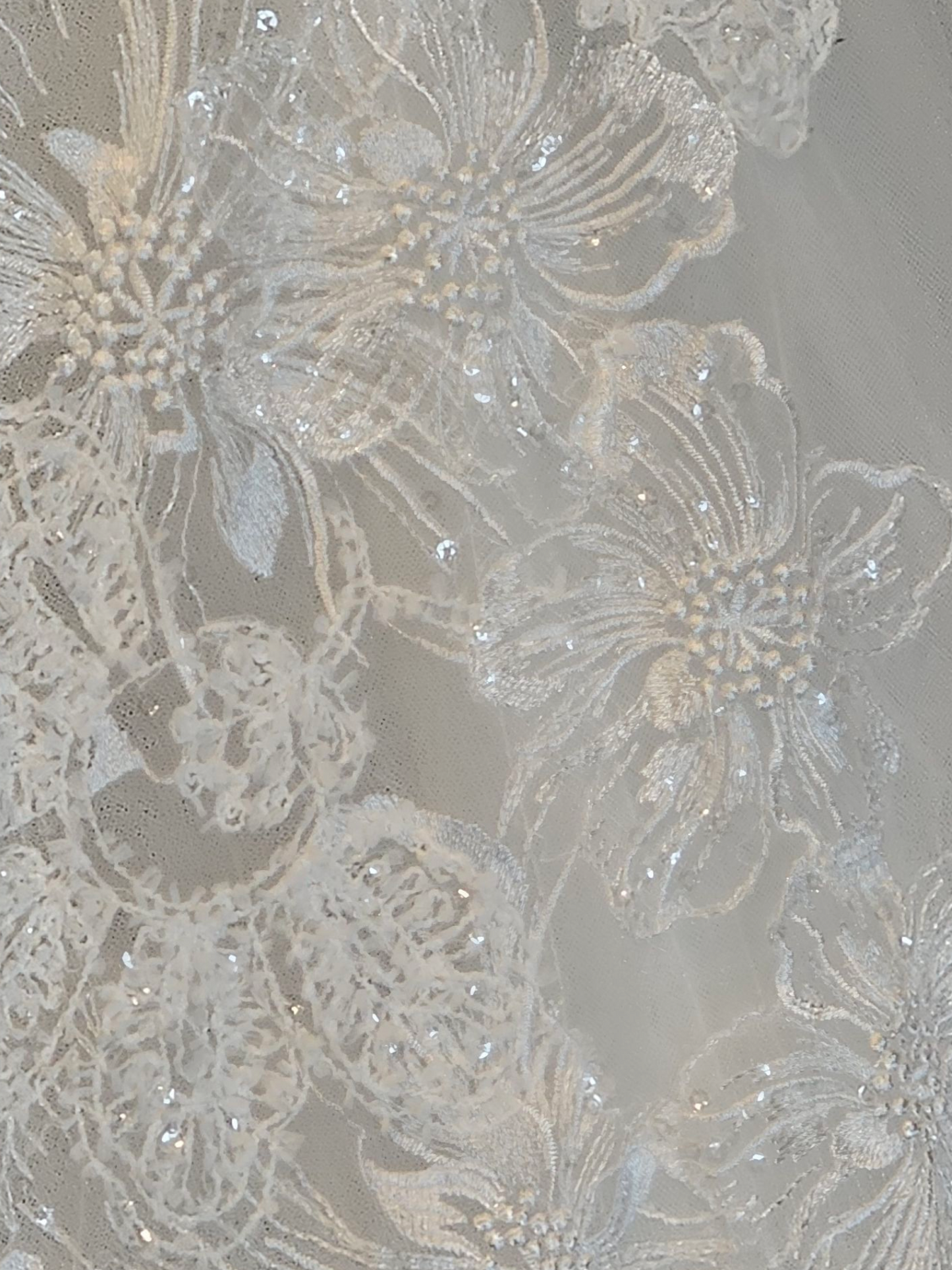 Ivory V-Neck Full Skirt Large Scale Floral Embellished Wedding Gown - Adrianna Papell