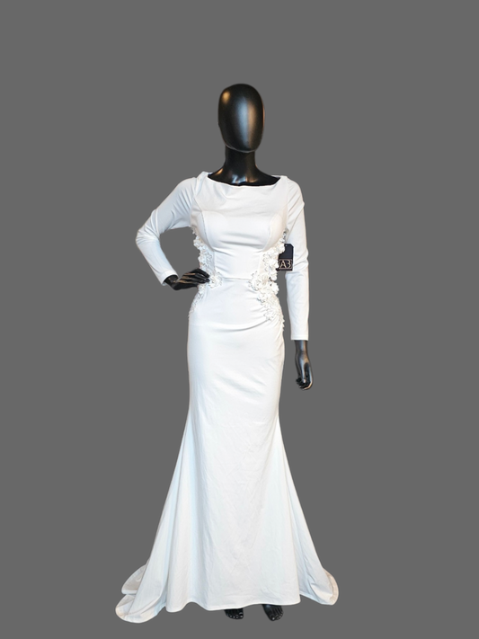 White High Neck Long Sleeve Floral Cutout Wedding Gown