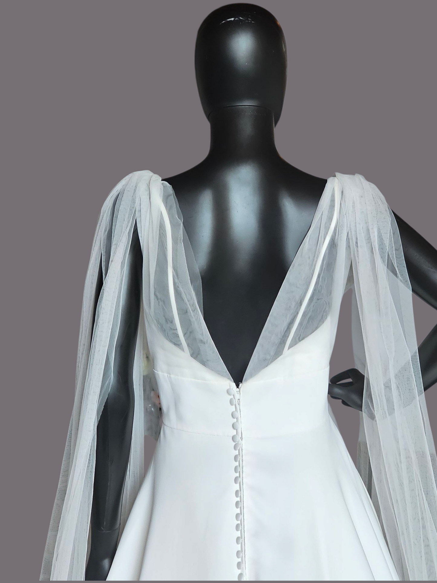 Plunge V-Neck Tulle Arm Detail Wedding Gown - Amy & Eve